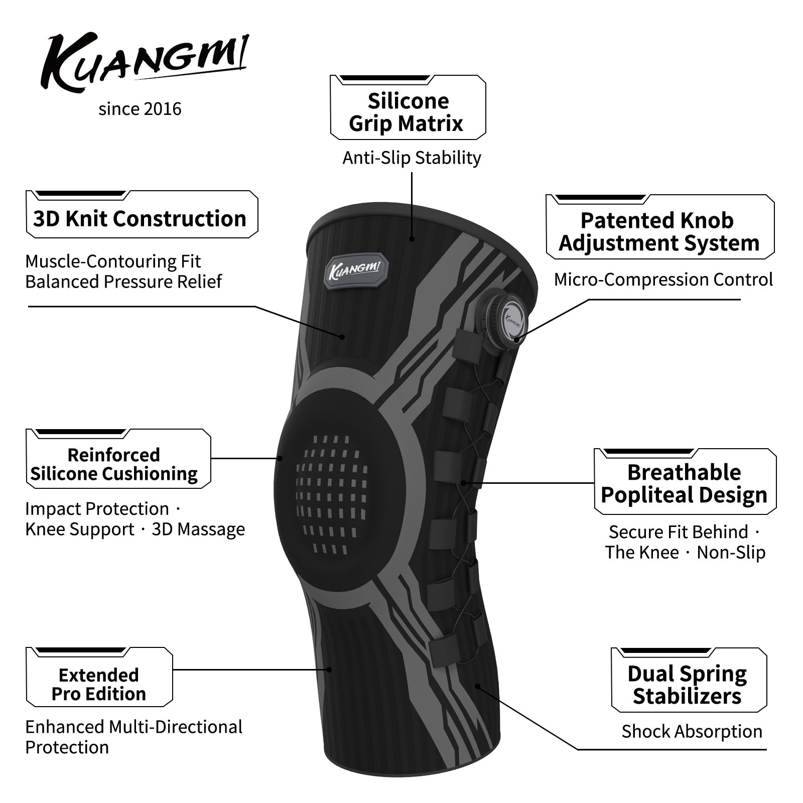 Kuangmi Genouillère de Sport Ajustable avec Bouton Rotatif - Soutien Articulaire pour la Rééducation, la Douleur & Activités Quotidiennes - Long-BLL