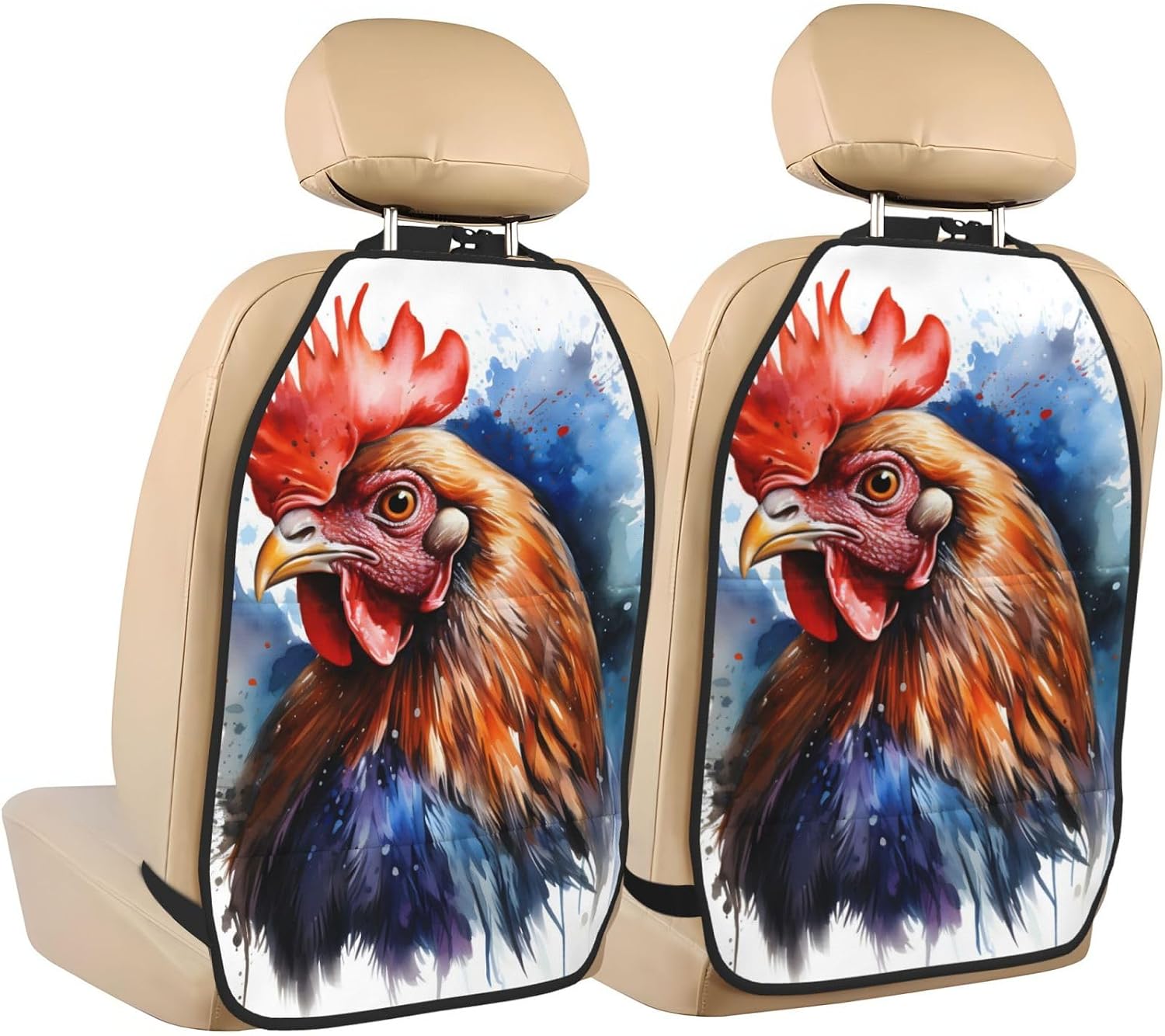 Car Seat Back Kick Protector 2 Pack 18.5x26.4 Inch, Watercolor Rooster Anti-Kick Pad, Waterproof Oxford Fabric Large Rear Seat Cover for Kids Pets Fits SUV Jeep Truck Sedan