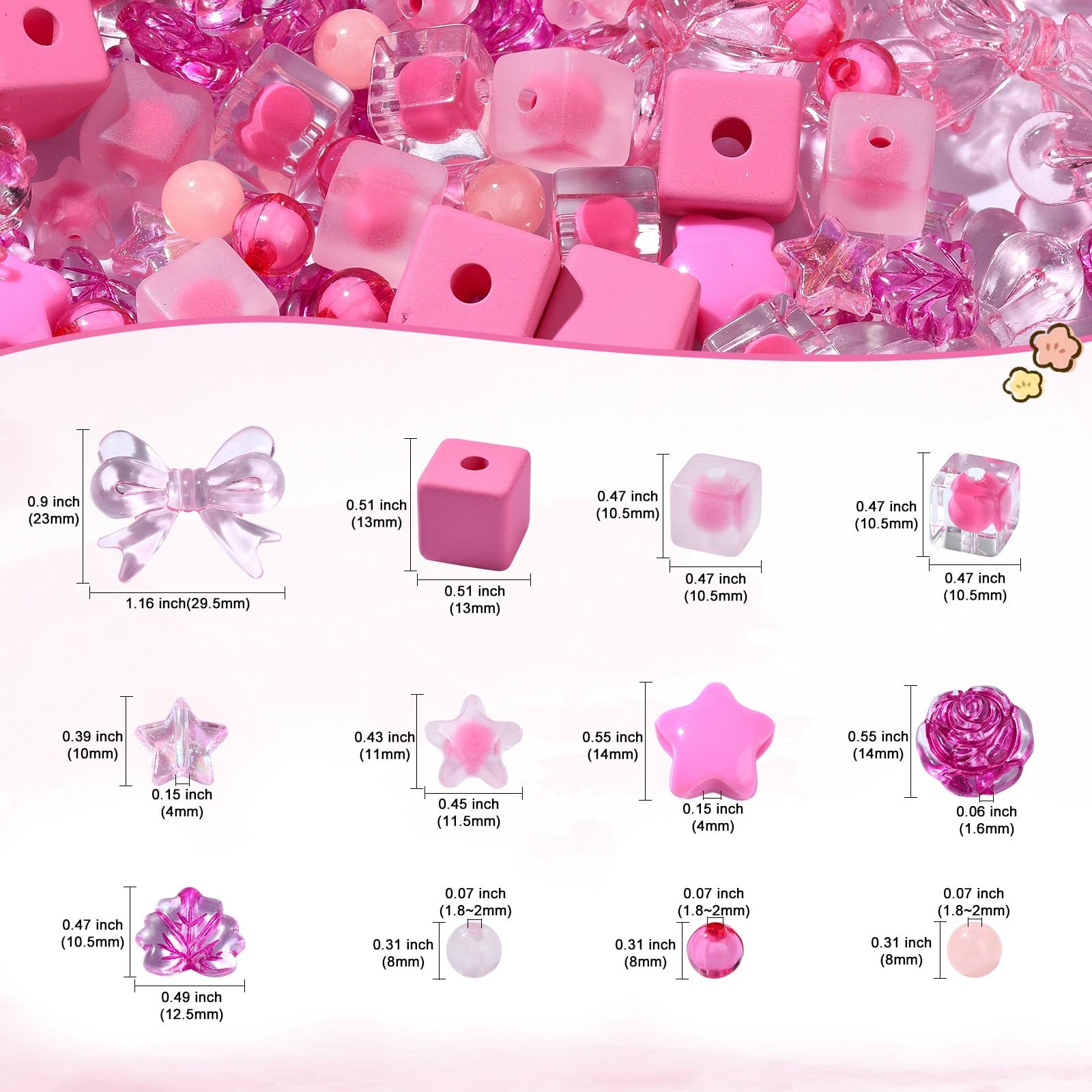 UR URLIFEHALL 200 Pcs Acrylic Beads Hot Pink Assorted Beads Round Flower Star Shaped Beads for Bracelets Making Keychains Jewellery DIY Crafts - Image 2