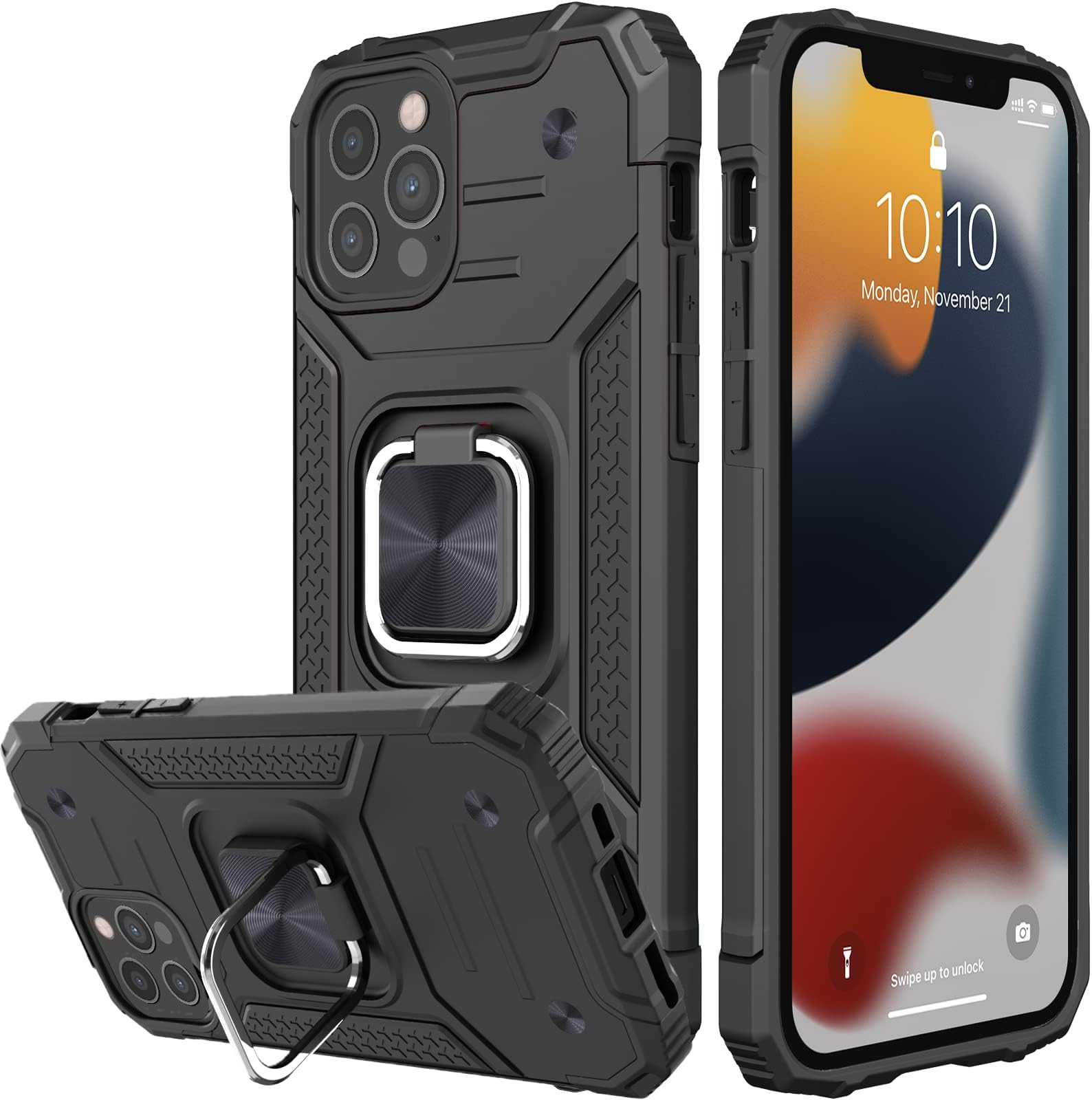 ShockProof Case for iPhone 12/12 Pro with Ring Kickstand, Bumper Armour Phone Cover for Apple iPhone 12/12 Pro - Black