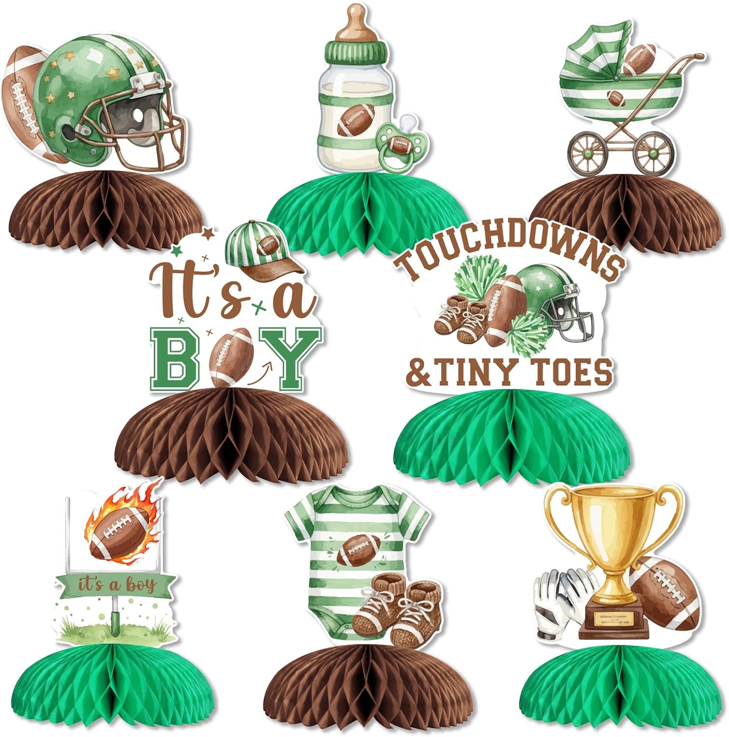 Touchdowns and Tiny Toes Baby Shower Honeycomb Centerpieces Set, 8 pcs Football Table Decor with Double-Sided Cards and 16 Silver Paper Clips for Dessert Table Party