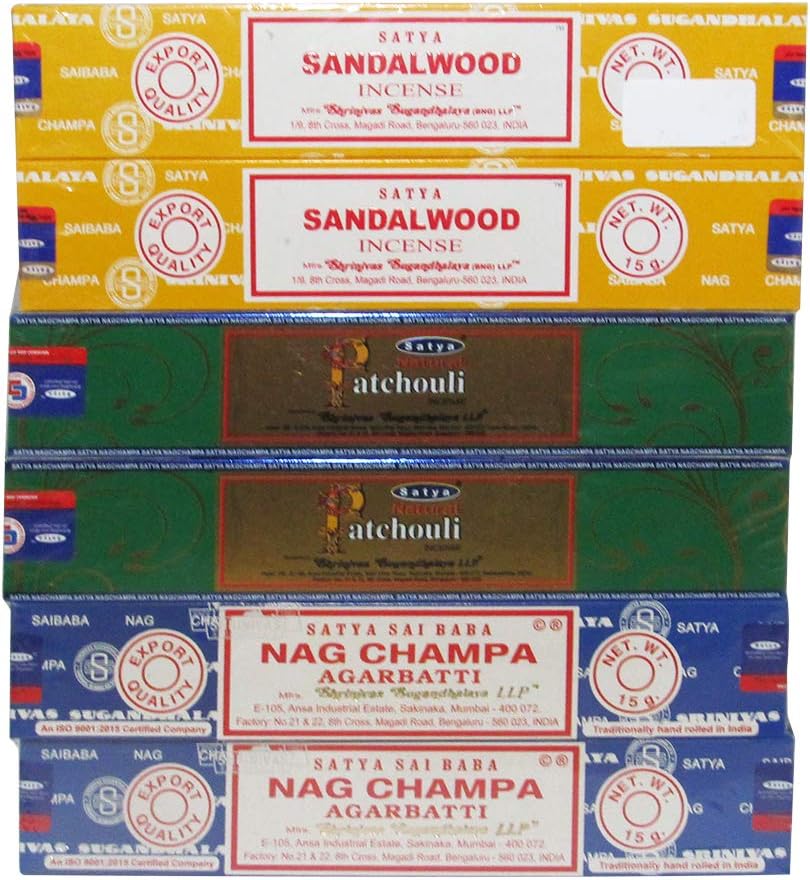 Satya Sandalwood, Natural Patchouli & Nag Champa Incense Sticks Variety Pack of 6 Boxes, 15 GMS Each, Best Aeromatic Natural Fragrance Perfect for Prayers, Meditation, Relaxation, Peace, Positivity