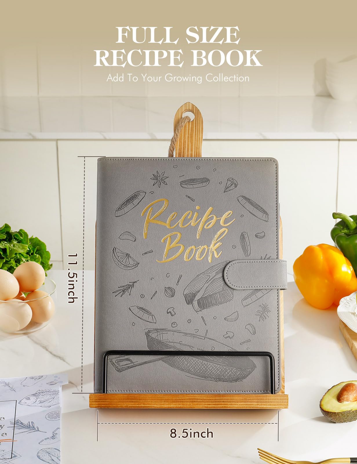 AISBUGUR Libro di ricette bianco per scrivere le tue ricette, quaderno per ricette fai da te a 9 anelli, raccoglitore per ricette con copertina rigida, organizer per ricette personalizzato con 160