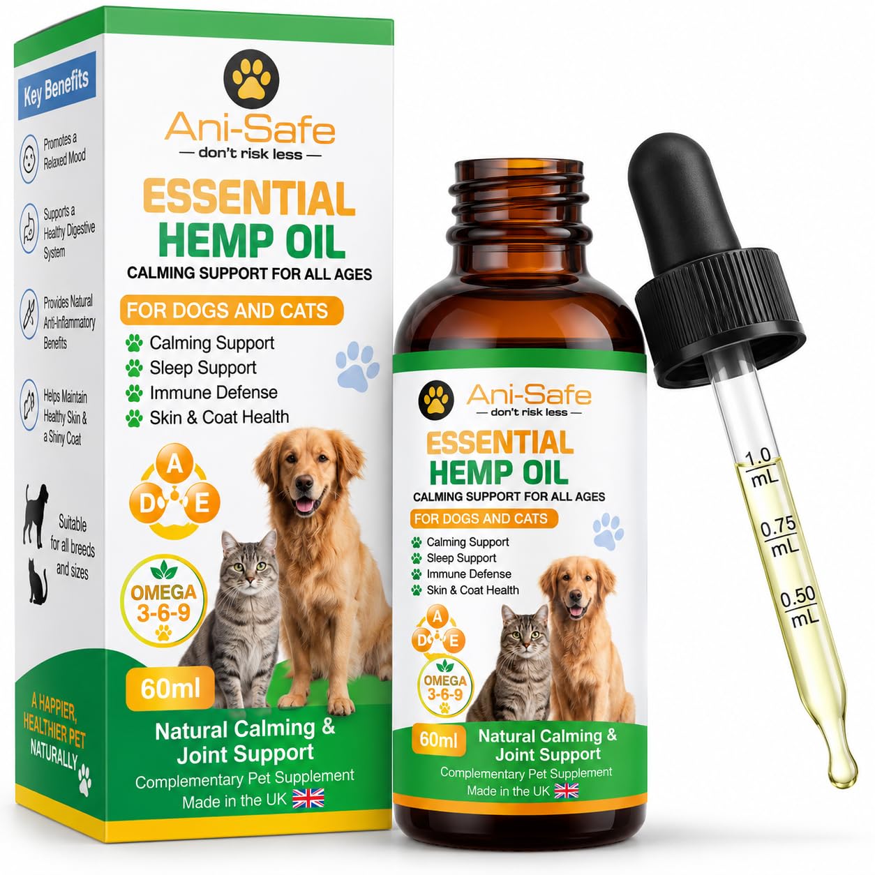 Natural Hemp Oil for Dogs & Cats 60ml | Calming, Joint, Skin & Coat Support