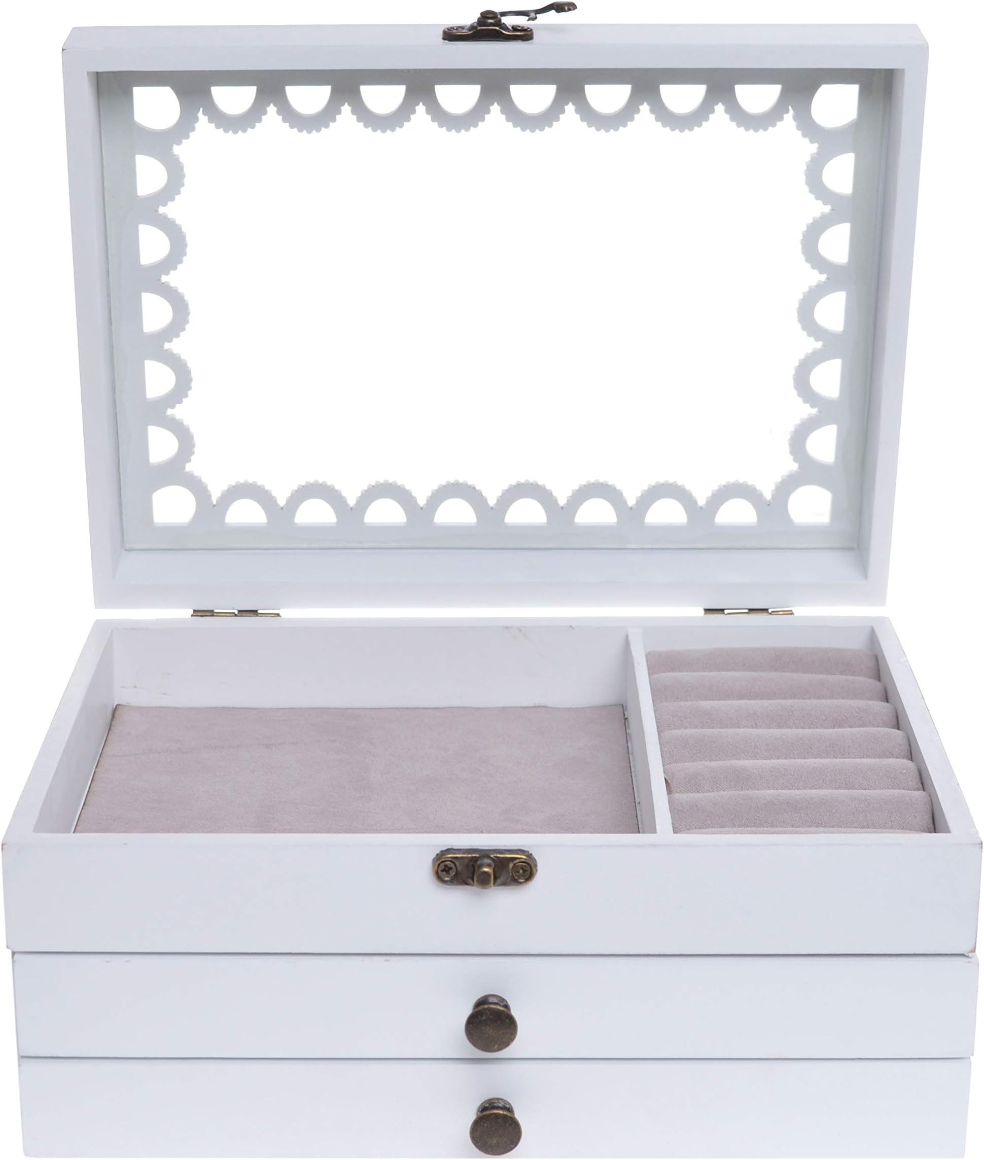 Charming House Design Large White Wooden Jewellery Box Glass Lid Storage 2 Drawers Lace Top Present Gift for Her
