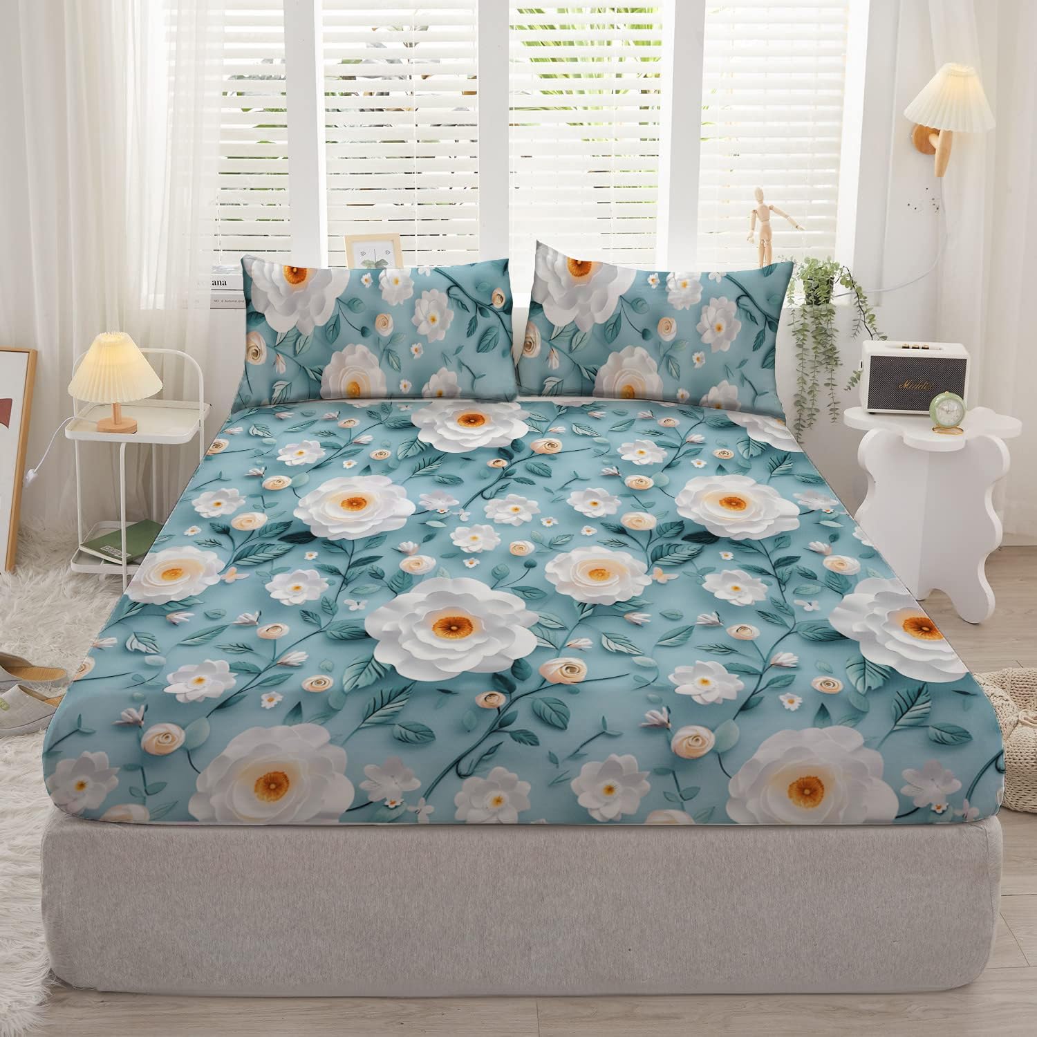 DECOMIZER 300TC Cotton Feel Glace Cotton Elastic Fitted 7D Printed King Size Double Bed Bedsheet with 2 Pillow Covers Fits Upto 8 inches Mattress,72x78, Seagreen White Flower