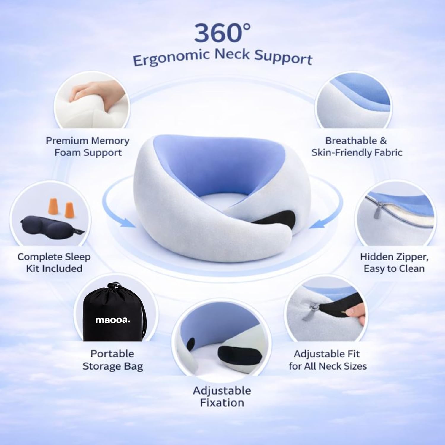 Neck Pillow Travel Airplane 100% Pure Memory Foam Neck Pillow with Eye Mask Earplugs Set, 360° Support, for Adults Airline car Teen Home offce