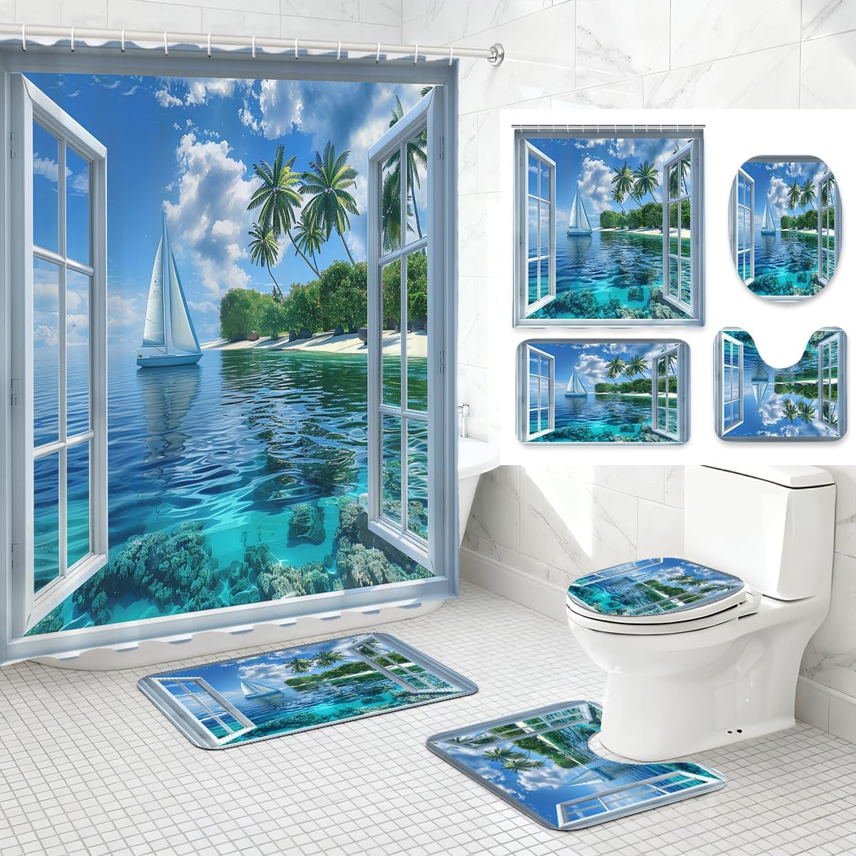 4 Piece Mountain Shower Curtain Set with Non-Slip Rugs, Toilet Lid Cover, Bath Mat Sakura Cherry Blossom Lake Sunset Window View Bathroom Decor with 12 Hooks, 72 x 72 Inch