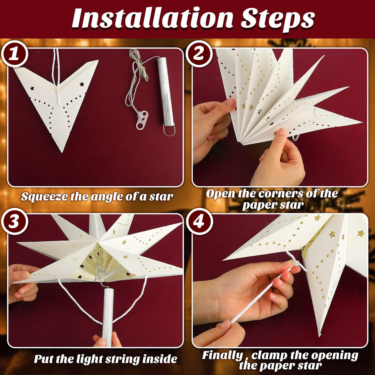 Large Paper Star Lanterns with Lights 3D 7 Pointed Christmas Paper Lanterns 3Pcs Foldable Decorative Christmas Hanging Decorations for Xmas Birthday Holiday Wedding Home Decor New Year Party