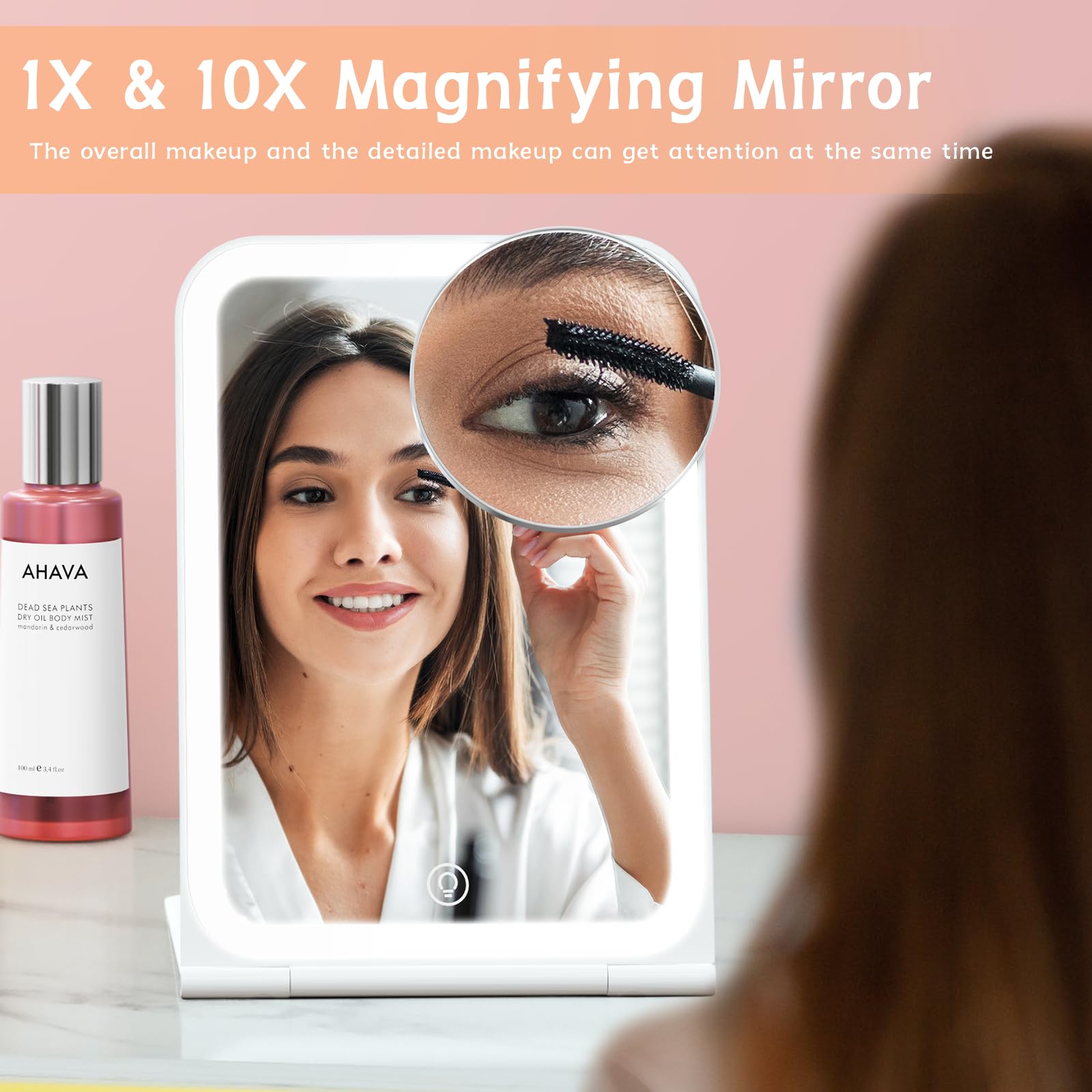 KerMiCi Espejo de maquillaje de viaje con 72 luces LED, espejo de belleza portátil iluminado con espejo de aumento de 10 aumentos