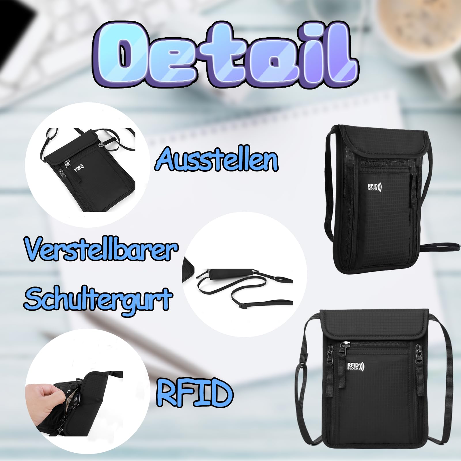 Torebka na klatkę piersiową, torebka podróżna z RFID, wodoszczelna, na klatkę piersiową, dla mężczyzn i kobiet, torba na ramię na smartfon, paszport, karty pieniężne, gotówkę itp, czarny, 15 cm x 20.5