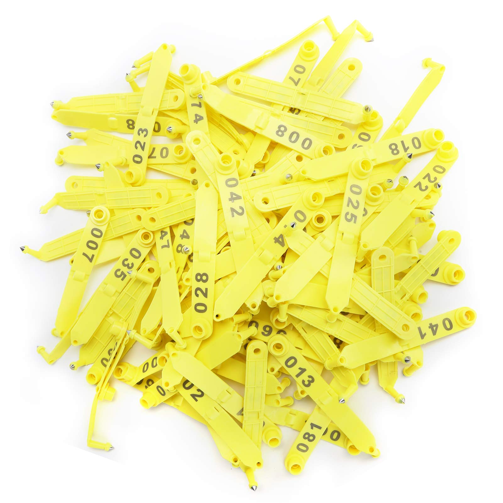 Etichetta auricolare per pecora Carta di identificazione animale 100 pezzi Doppia piegatura Giallo Numero integrato Forniture agricole durevoli Attrezzatura per marcatura per