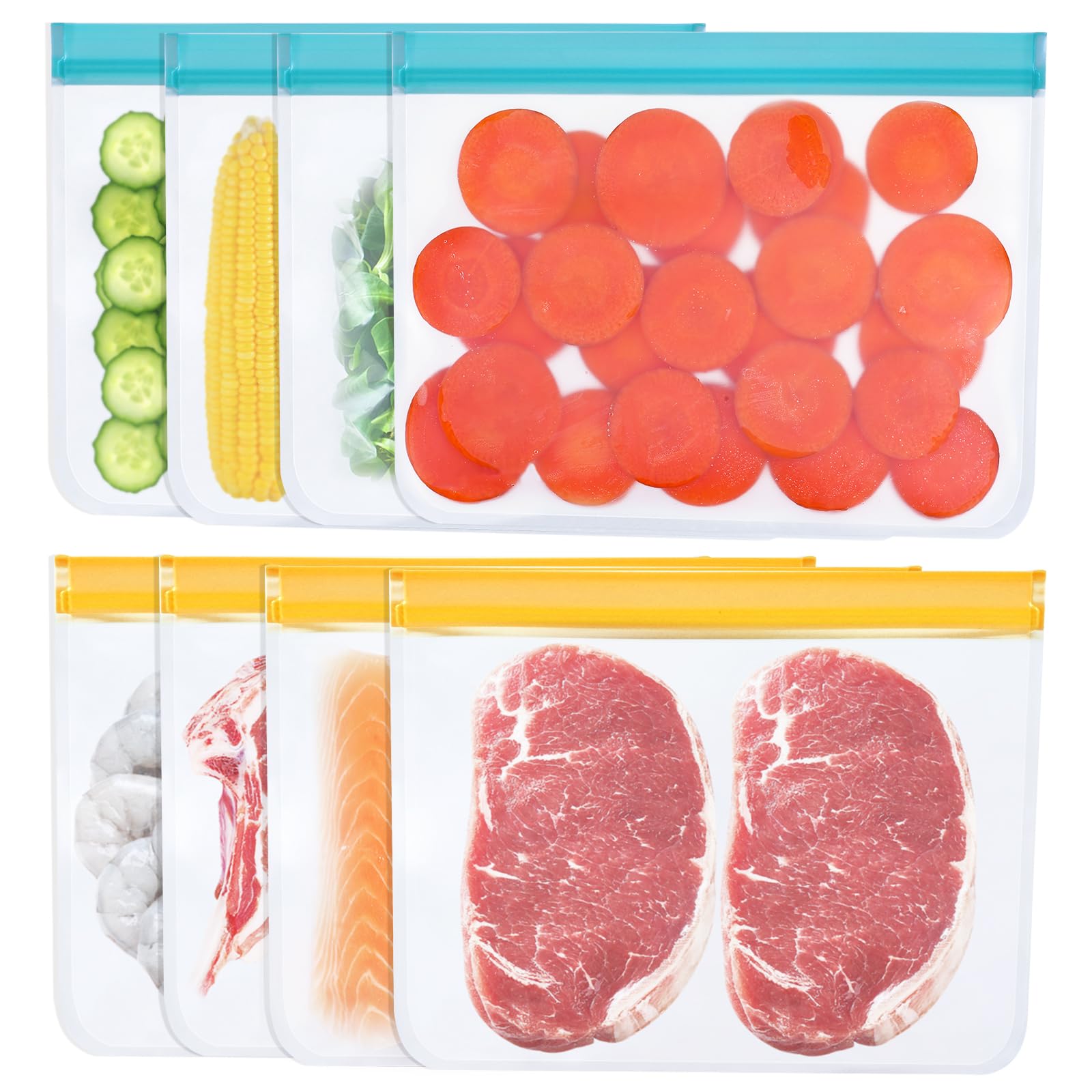 Joyoldelf 8 Pack Zipped Freezer Bags - Reusable Freezer Bags for Food, BPA Free Silicone Freezer Bags, PEVA Storage Bags for Sandwiches, Vegetables, Snacks