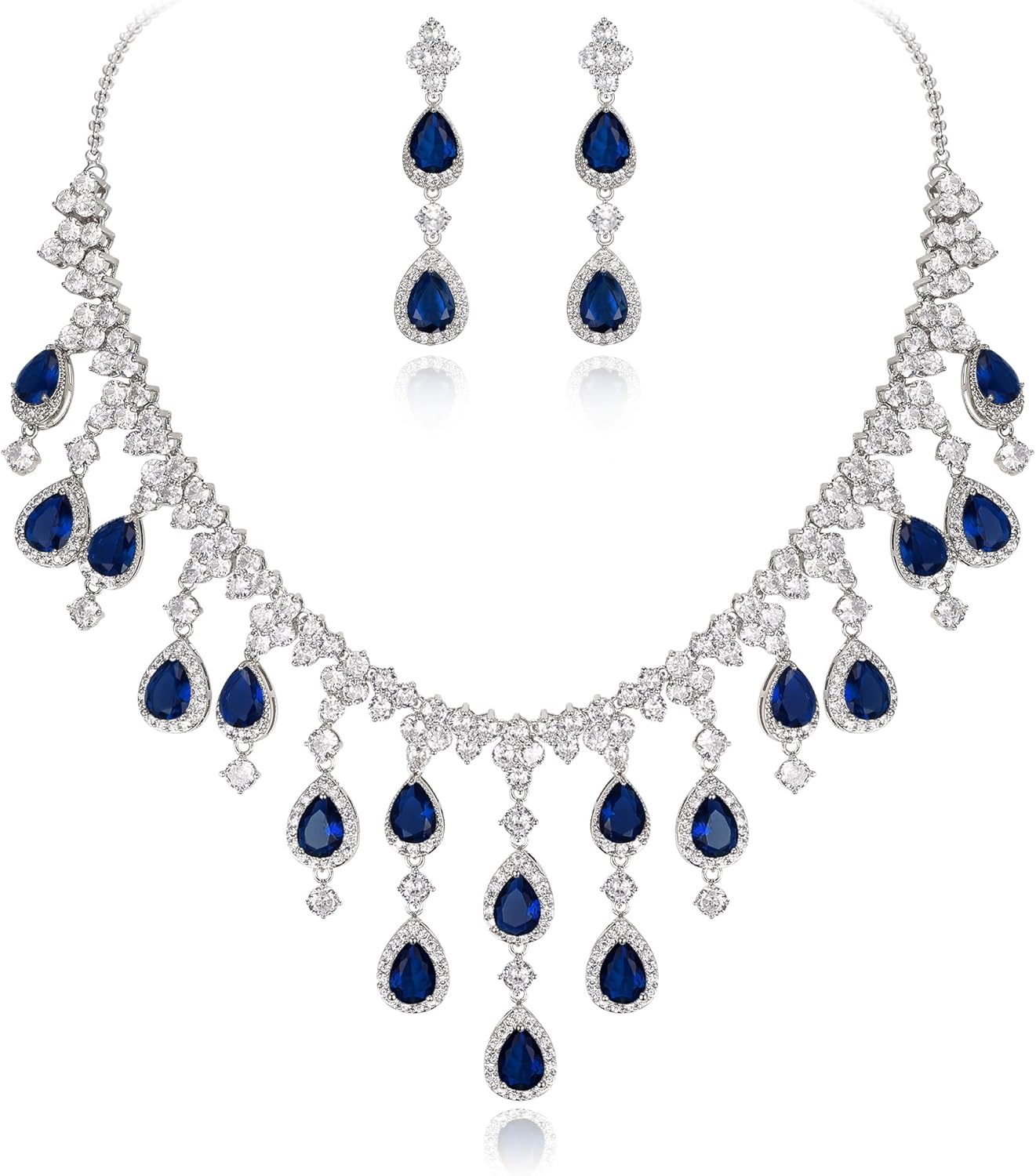EVER FAITH Women's Cubic Zirconia Gorgeous Water Drop Dangle Necklace Earrings Set Silver-Tone