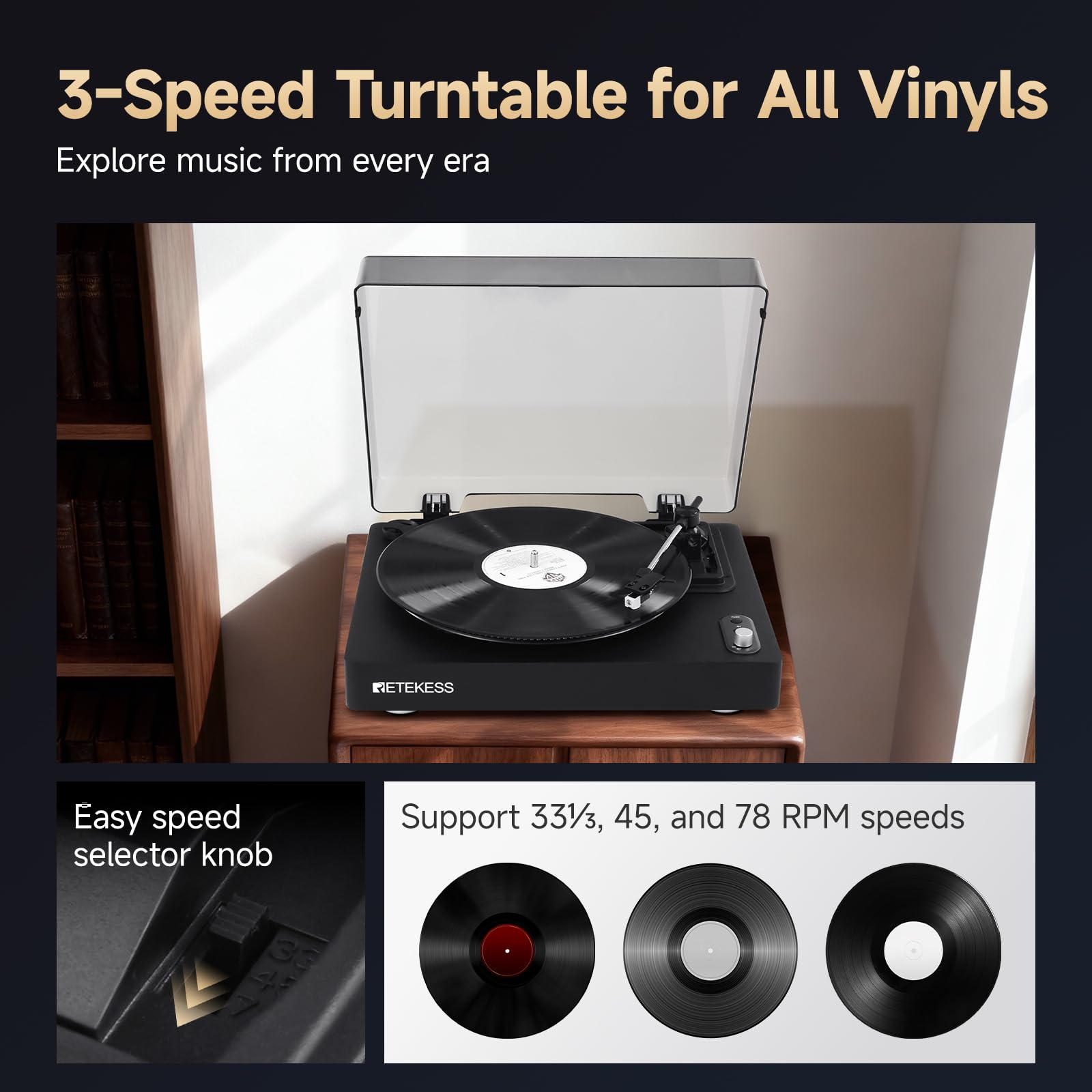 Retekess TR643 Giradischi Vinili, Lettore Vinile, Testina Magnetica AT-3600L, 33/45/78 giri/min, Riproduzione Wireless, Arresto Automatico, Jack per cuffie, Adatto per gli Amanti della Musica