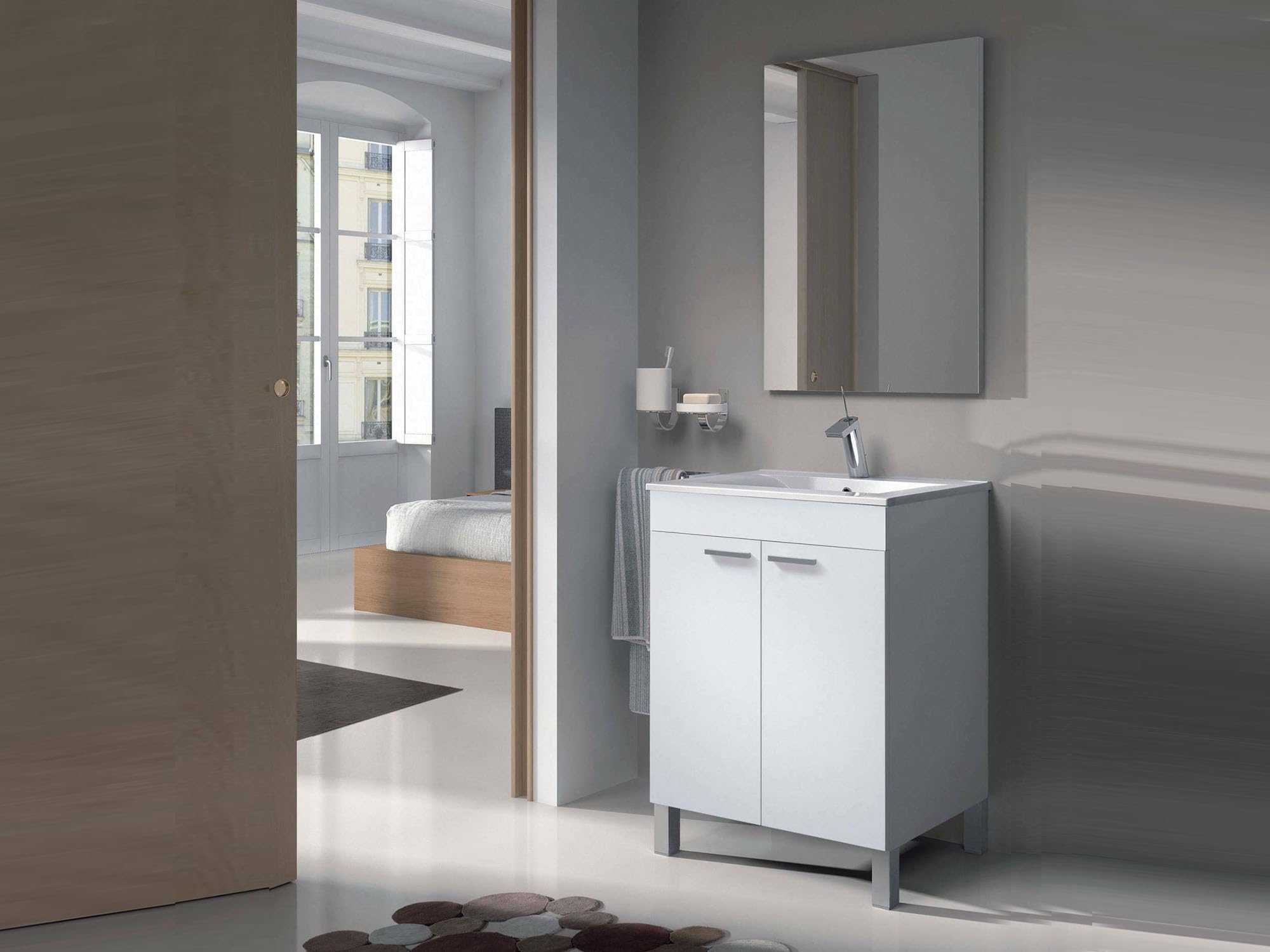 Dmora - Mobile sotto lavabo NewYork, Mobiletto per bagno, Armadio a 2 ante con specchio, 60x45h80 cm, Bianco lucido