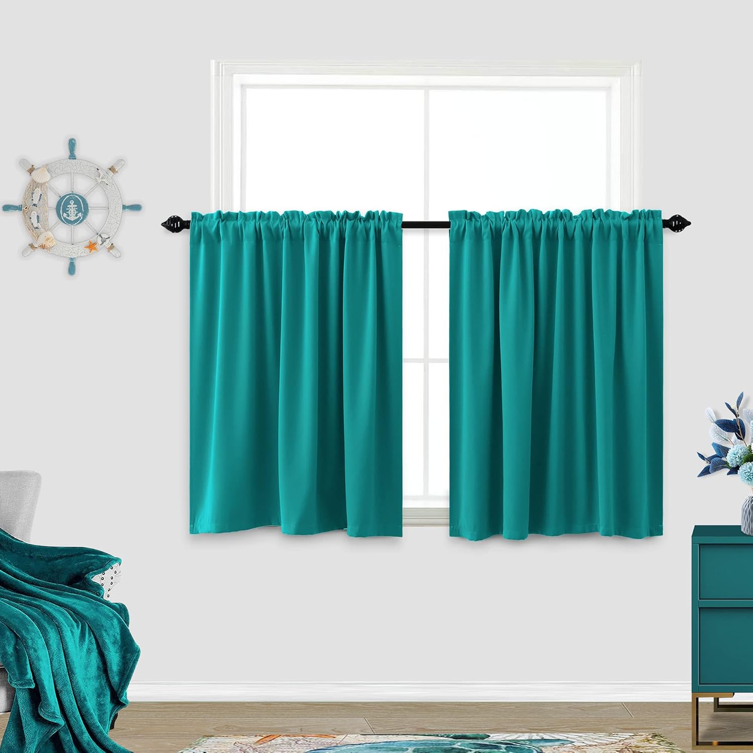 KOUFALL Teal Curtains 36 Inch Length for Small Bathroom