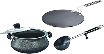 Prestige Omega Select Plus Senior Handi Dia 23cm with SS Lid-5ltrs&Prestige Hard Anodised Plus Cookware Induction Base Roti Tawa, 22.5cm&Prestige Hard Anodised Cookware Tadka Pan, 13cm