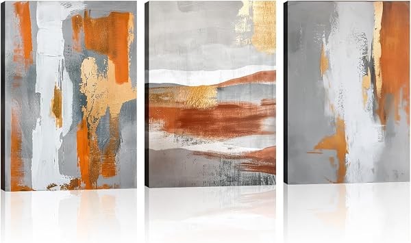 Abstract Canvas Wall Art 3 Piece Orange and Gray Picture Texture Painting Abstract Prints Modern Artwork for Living Room Bedroom Home Office Decor FramedArt-1,11.00"x14.00"x3P