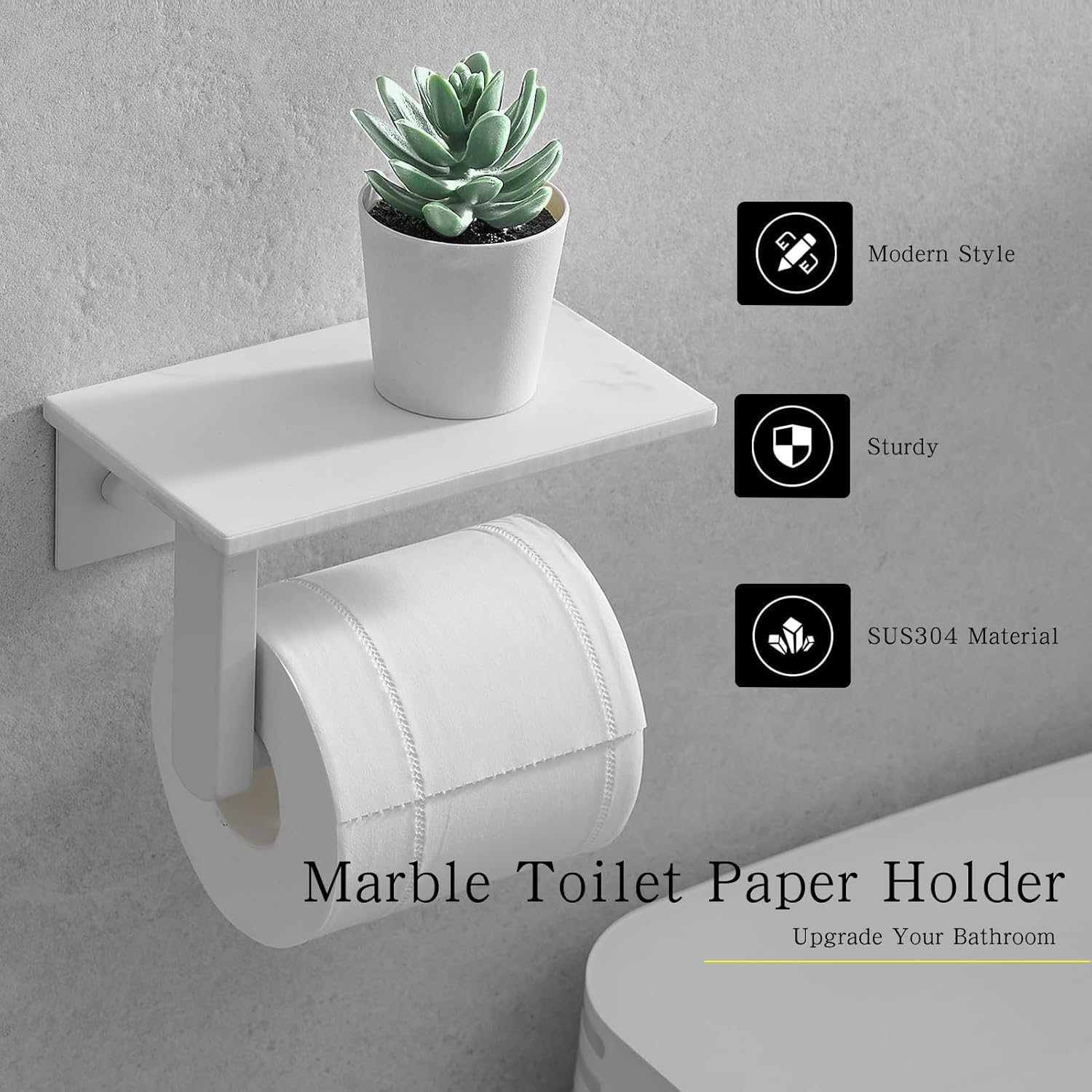 304 Wall Mounted Toilet Paper Holder, Toilet Paper Phone Holder Mobile Phone Storage Shelf for Modern Bathroom with Shelf-with Marble Panel (White)