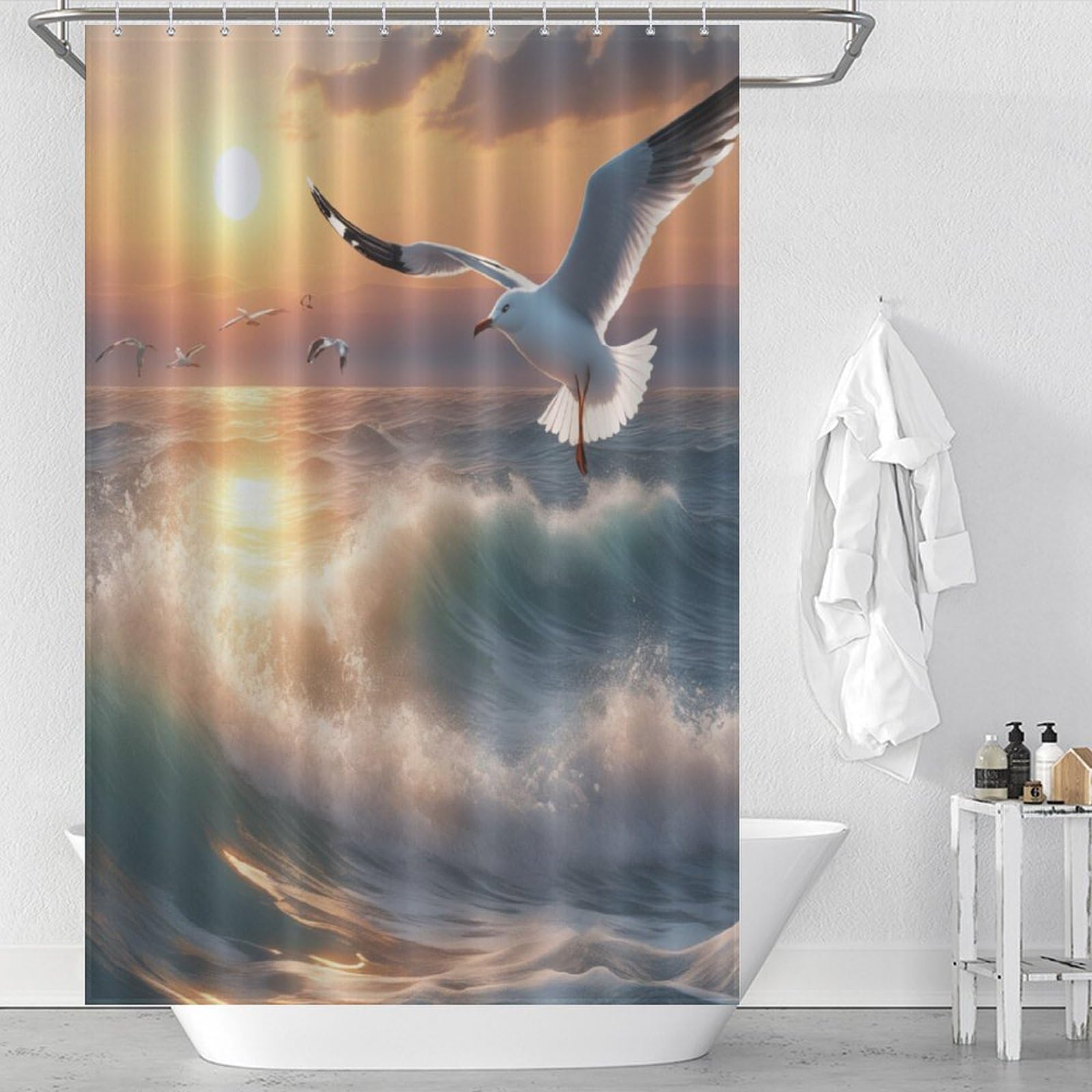 Rideau de douche tissu polyester style marin mouette pour salle de bains