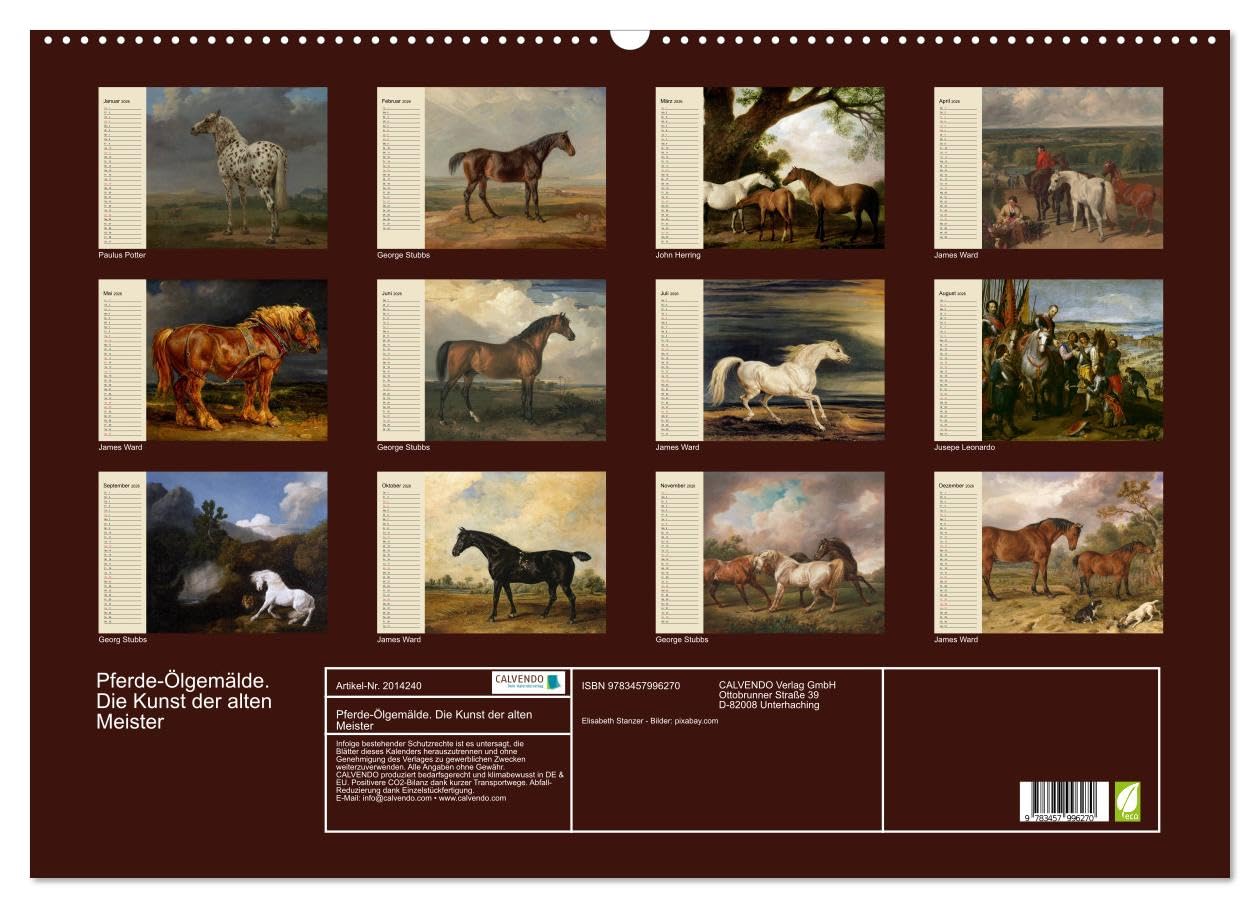 Pferde-Ölgemälde. Die Kunst der alten Meister (Wandkalender 2026 DIN A2 quer), CALVENDO Monatskalender: Beeindruckende Ölgemälde von großen Künstlern der Vergangenheit (CALVENDO Kunst)