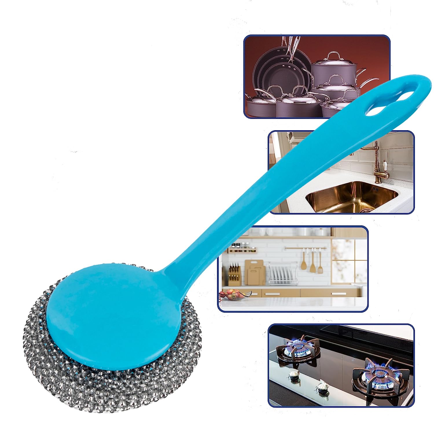 Zale Yardley Stainless Steel Sponges Scrubbing Scouring Pad Long Handle Washing Up Scourer Non Scratch Wire Brush Scrub Plus 1 Extra Scouring Pad Ball