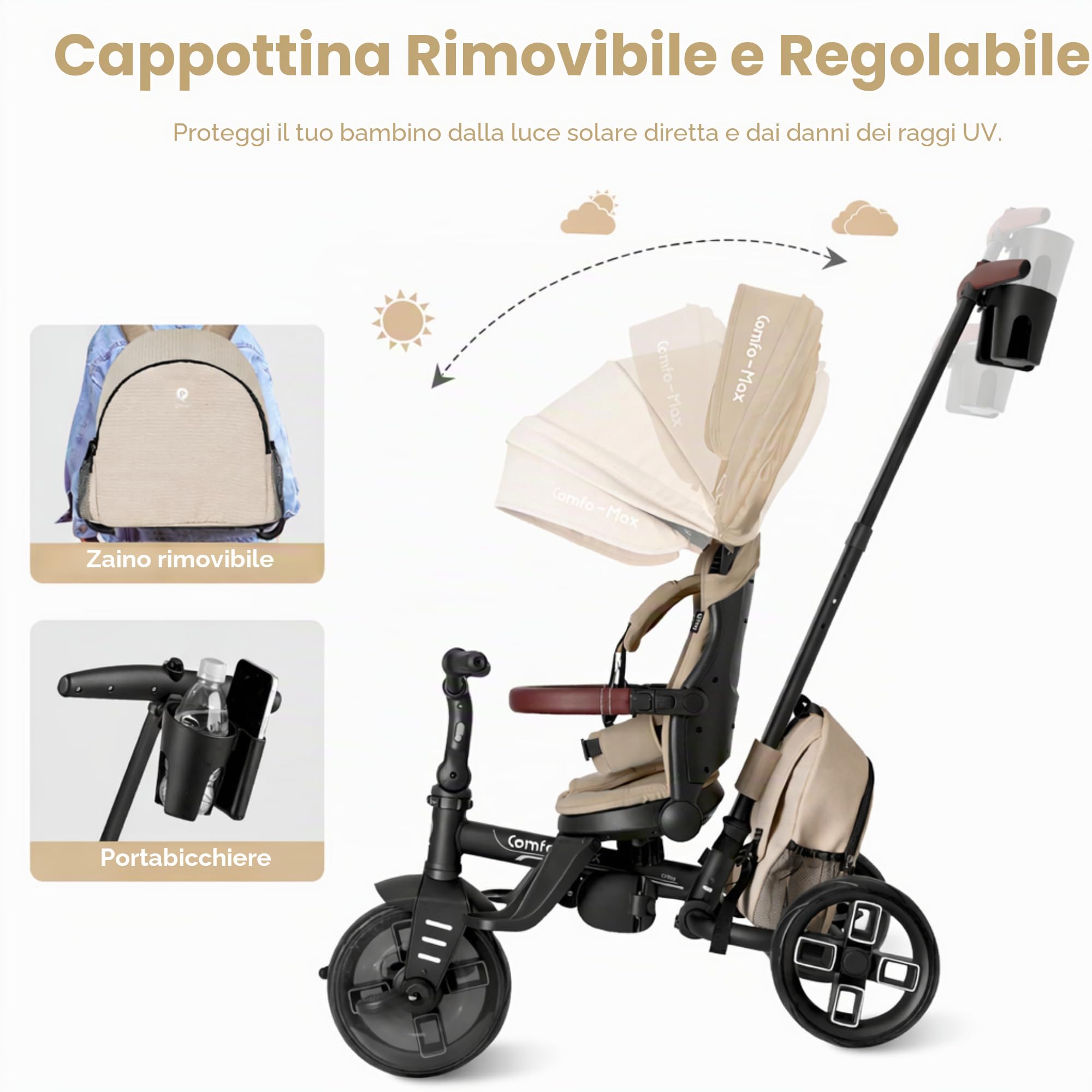 Qplay Triciclo Evolutivo COMFO MAX 6 in 1 nero | Triciclo Bebe 1 anno pieghevole in alluminio con seduta a 360°, reclinabile e capottina - per neonati da 10 a 72 mesi (beige)