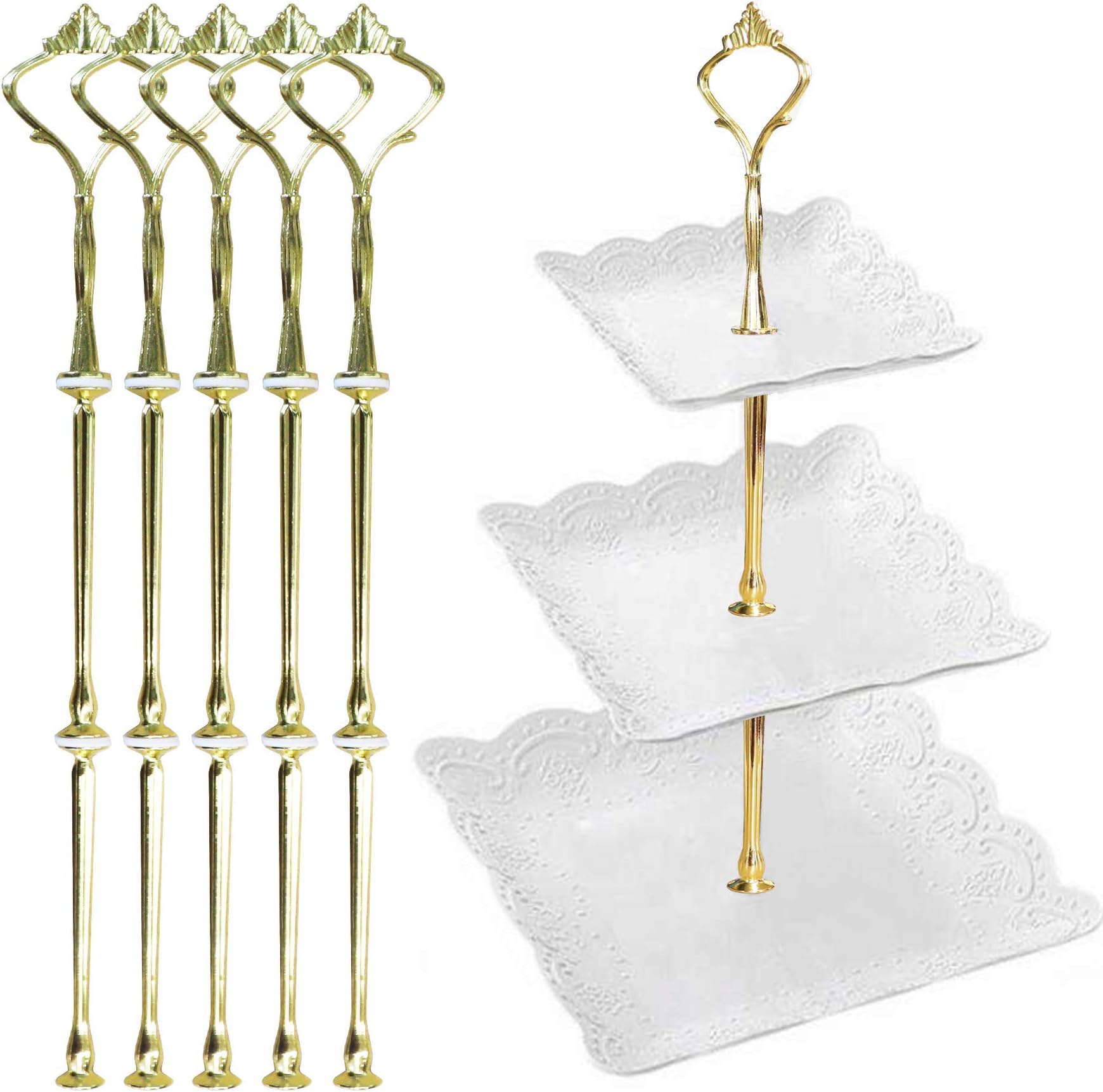 Happy Will5 Sets 3 Tier Crown Cake Stand Fruit Cake Plate Handle Fitting Hardware Rod Stand Holder with Stylus Golden(Plates Not Include)