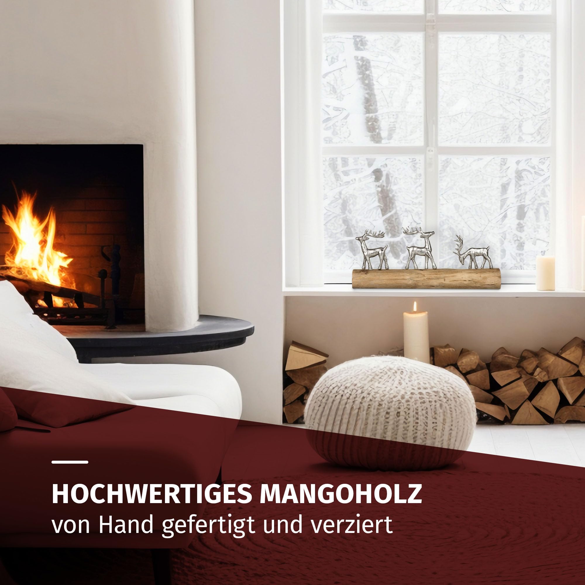 Moritz Weihnachtsdeko Rentiere auf Holzstamm 57 cm handgefertigte Figur aus Aluminium und Mangoholz mit DREI silbernen Hirschen winterliche Dekoration für Fensterbank, Kamin oder Kommode