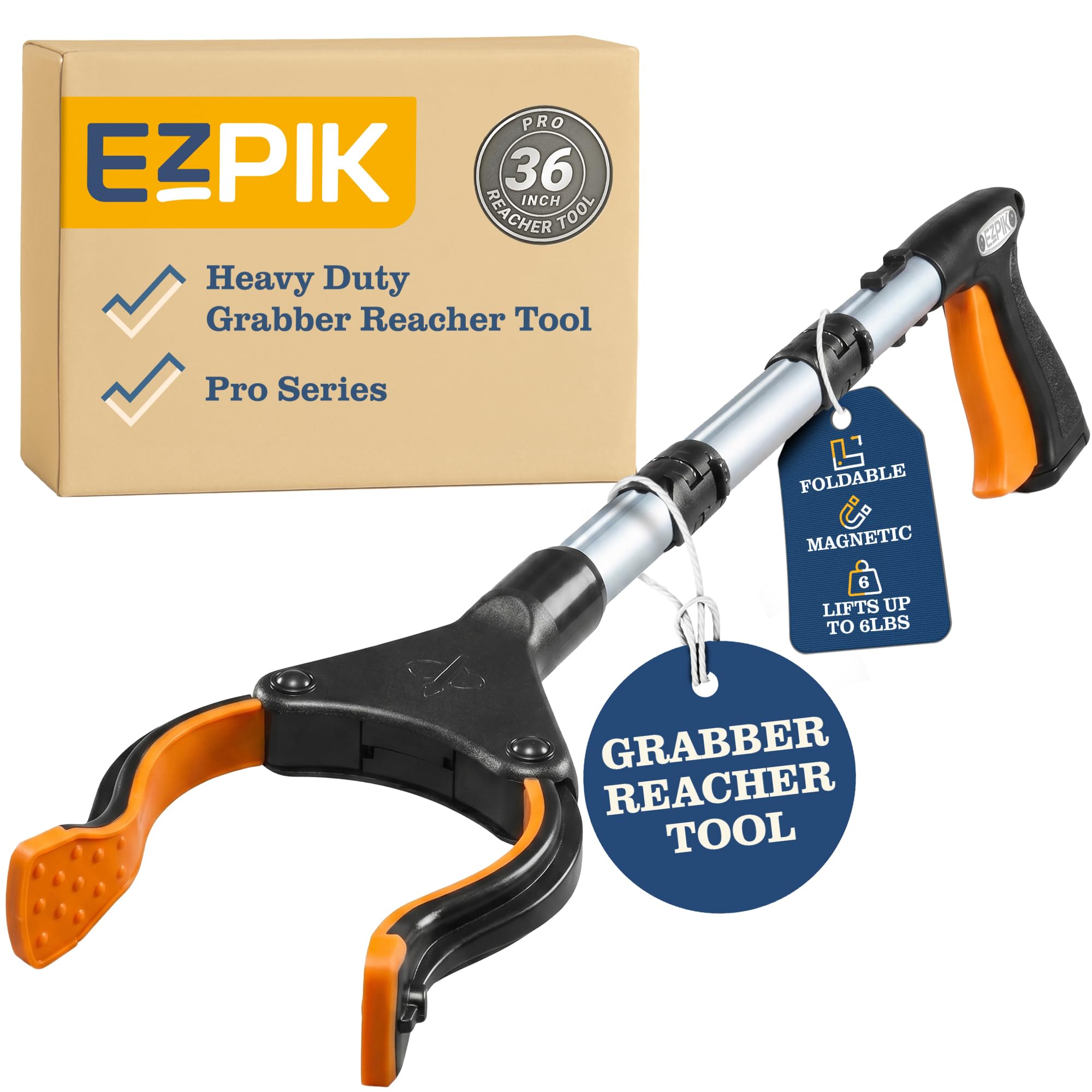 EZPIK Pro 36" Flexible Folding Grabber Tool for Elderly + Magnets, Reacher for Disabled &amp; Seniors Heavy Duty Rotating Grippers for Reaching Underneath, Trash Grabbers &amp; Dressing Stick