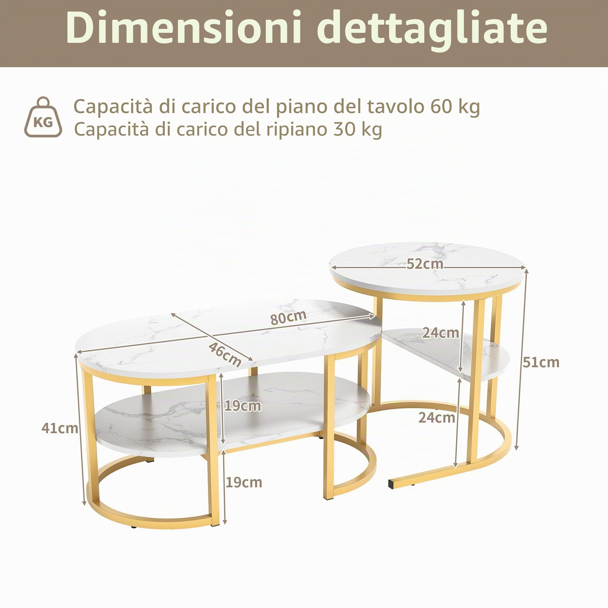 Set di 2 tavolini ovali, set di 2 tavolini 2 in 1 con spazio di archiviazione, tavolino in marmo effetto tavolino da salotto per soggiorno, balcone e ufficio (ovale, bianco + oro)