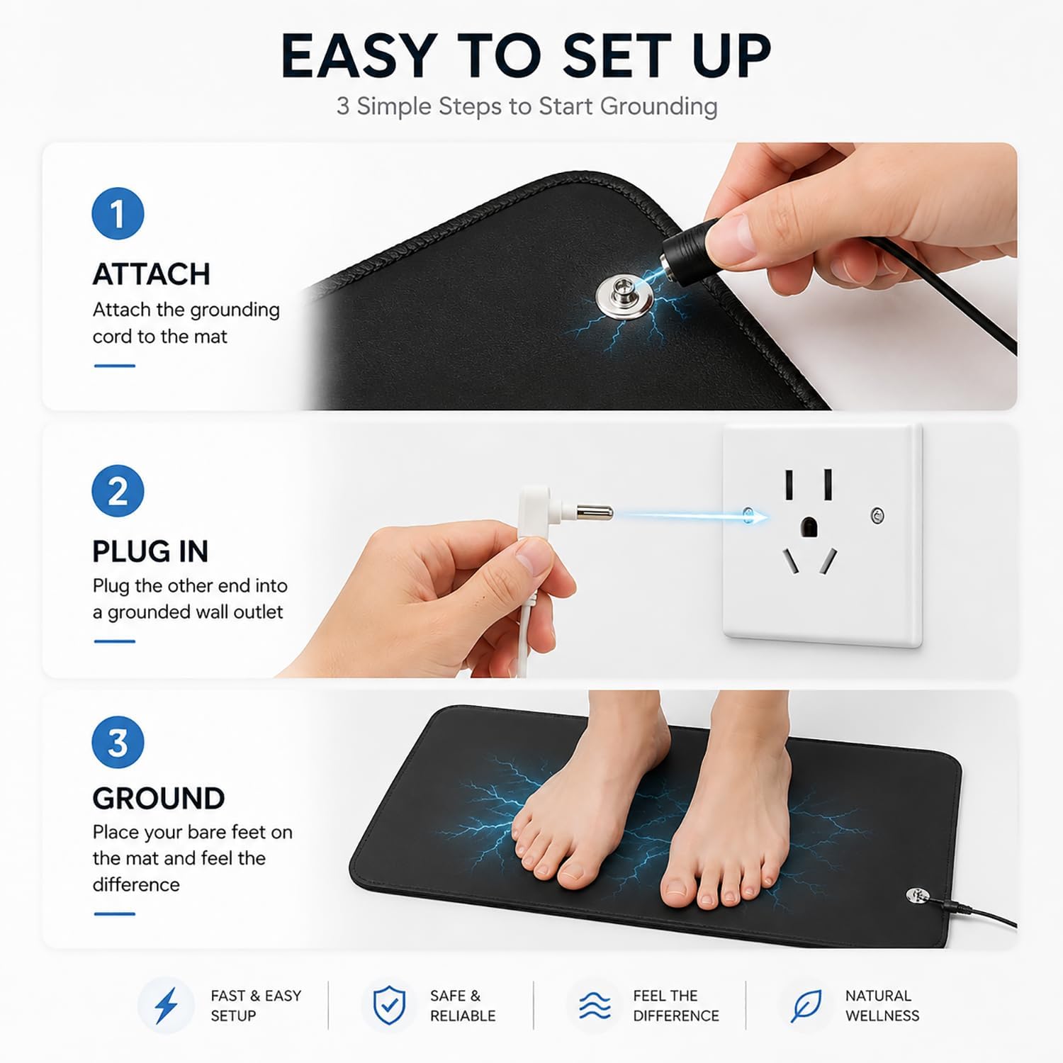 Grounding Mat for Bare Feet, Conductive Earthing Mat for Home & Office, Non Slip PU Leather Grounding Pad with Cord, Comfortable Floor Mat for Working, Relaxing, Meditation & Daily Use