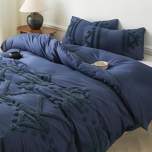 Miniatura 4 de Simple&Opulence Juego de funda de edredón 100 % algodón bohemio copetudo, tamaño Queen, funda de edredón bordada con textura azul marino con 2