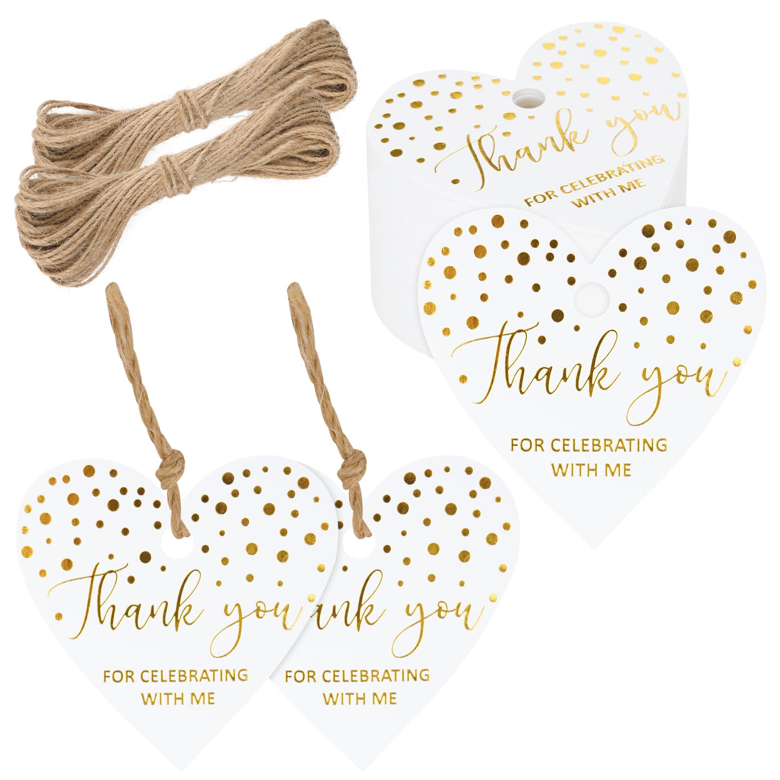 joycraft 100Pcs Thank You for Celebrating with Me Tags, 2x2.1 In Heart Thank You Gift Tags with String, Foil Gold Kraft Paper Hanging Label, Gift