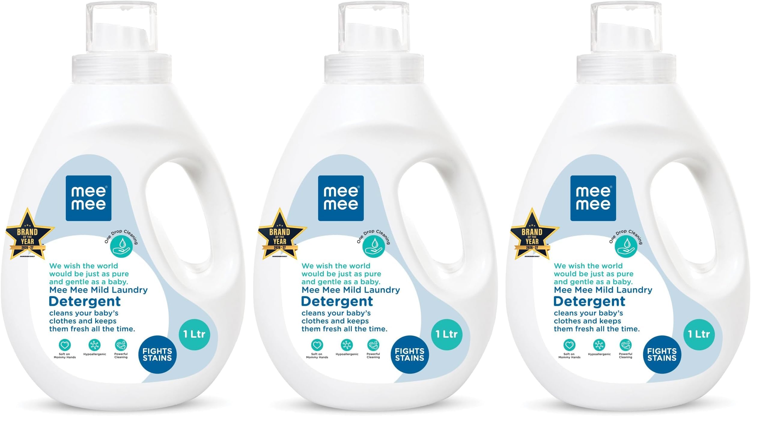 Mee Mee Baby Liquid Detergent 1 L | pH Balanced, Free from Harsh Chemicals, Safe for Mother’s Hands & Baby’s Skin | Anti-Bacterial, Removes Stains & Odor with One Drop, Hypoallergenic (Pack of 3)-image-27