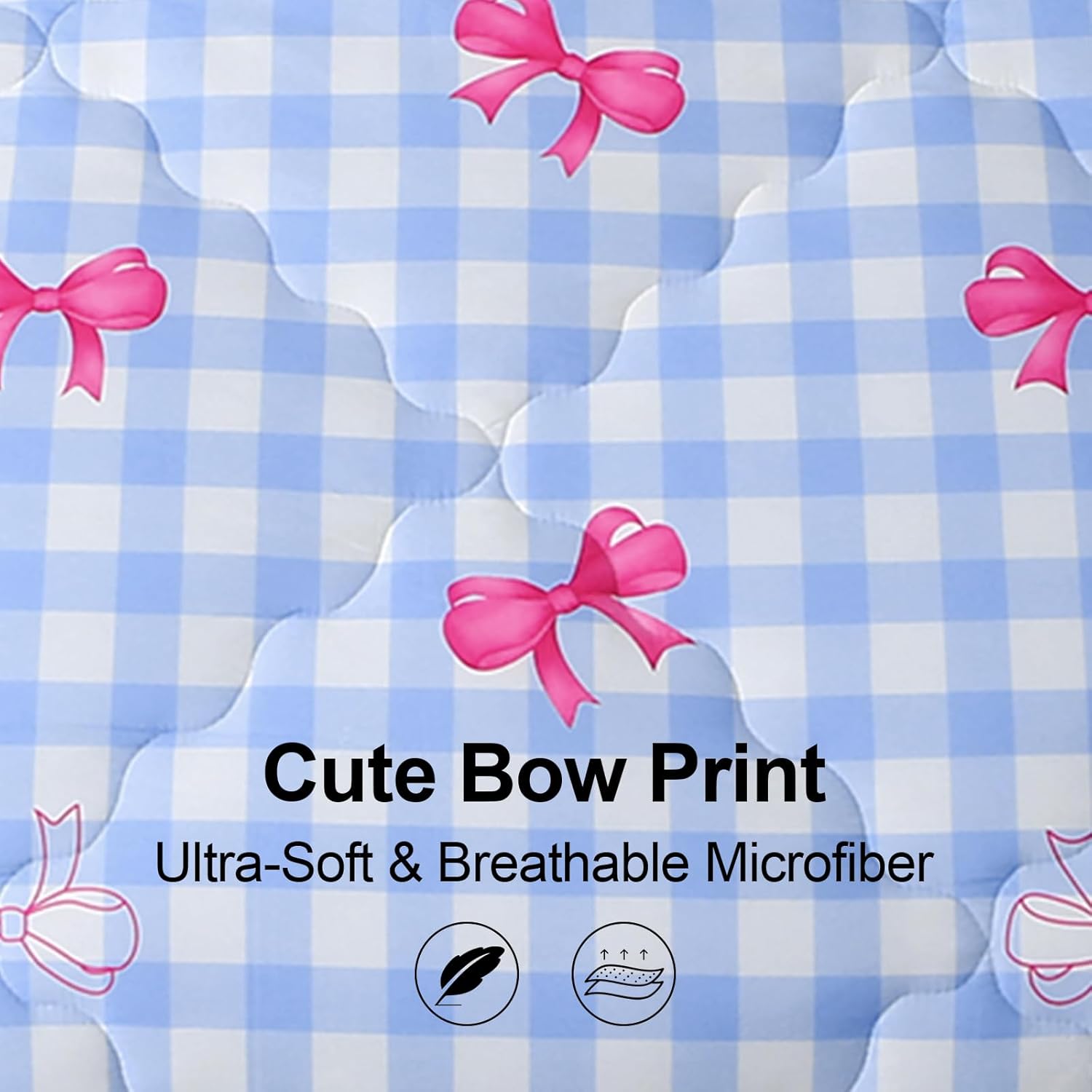 Wajade Bow Comforter Set 7 Piece Blue White Plaid Comforter Sets for Girls Kids Full Size Checkered Bedding Set with Sheet and 2 Pillowcases 2 Pillow Shams Cute Girls Bed in a Bag as Birthday Choice - Image 3