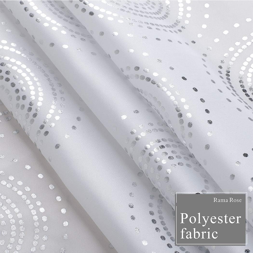 Rama Rose Foiled Printed Shower Curtain with Hooks for Bathroom, Silver Circle, 72 x 72 Inch, Silver/White