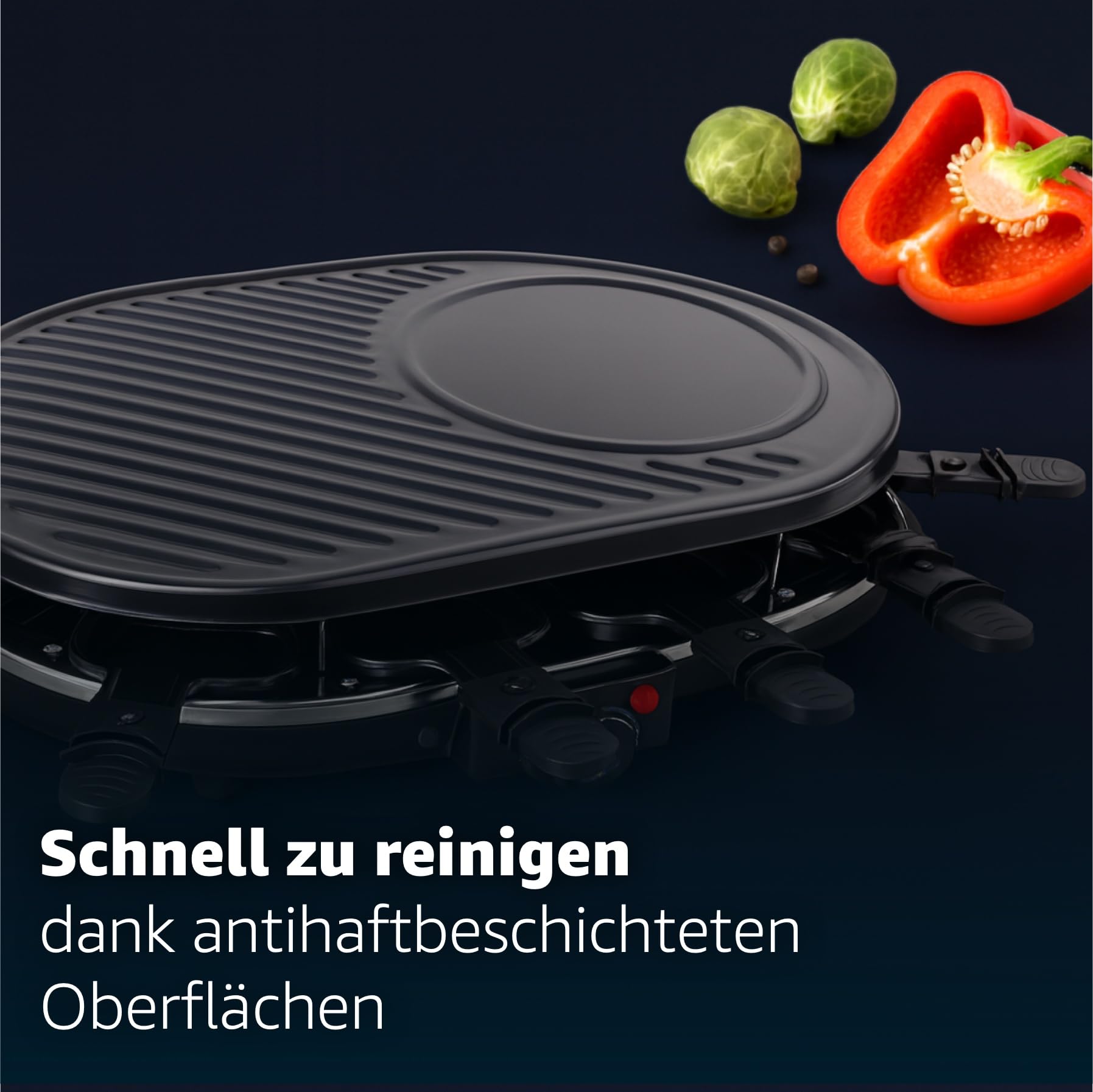 Raclette zestaw dla 8 osób – z grillem stołowym, płytą grillową i funkcją kamiennej płyty – w zestawie patelnia i skrobak – narożny (Okrągły)