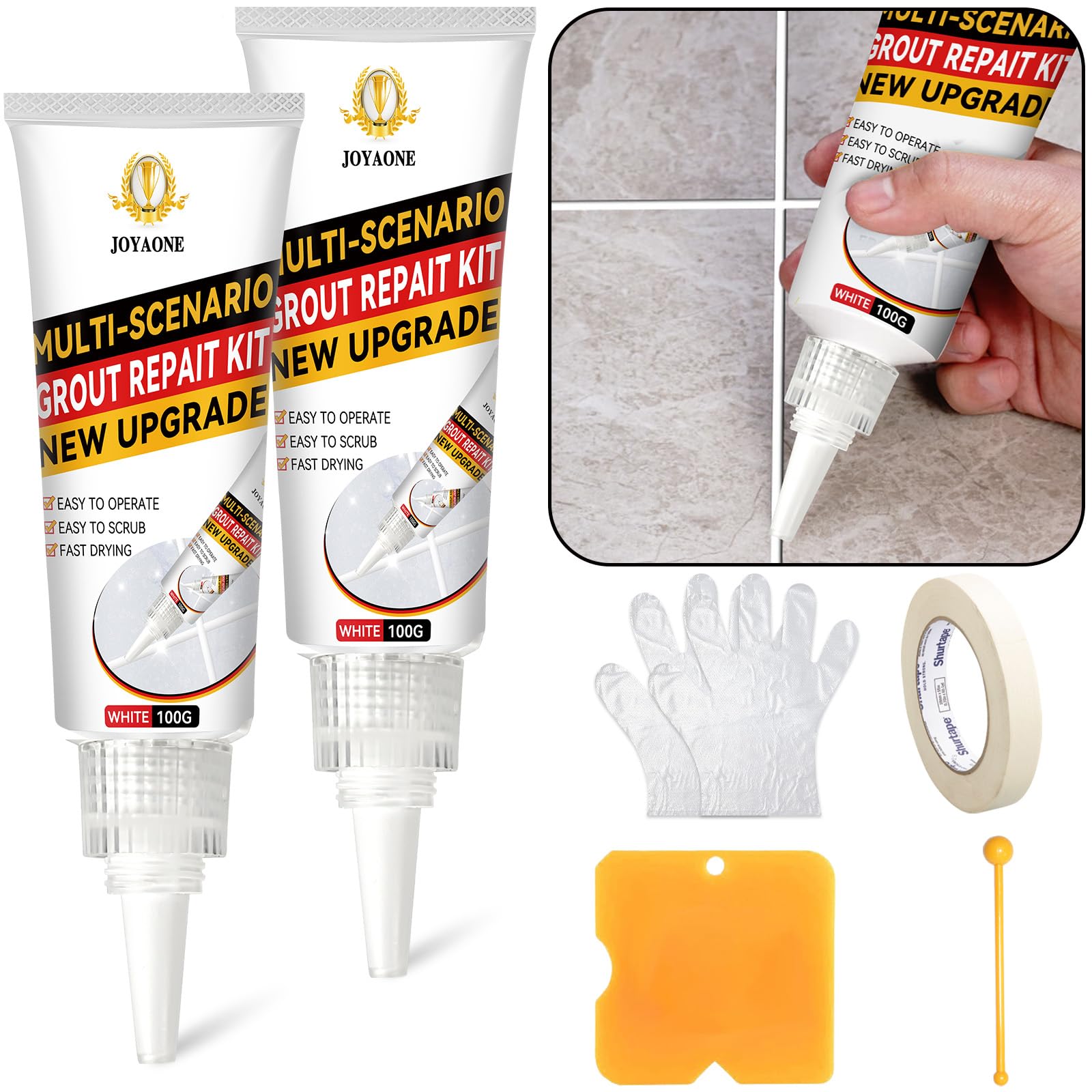Tile Grout Repair Kit, 2 Pack Grout Filler, Fast Drying and Waterproof White Grout Squeeze Tube for Bathroom and Kitchen Tile Joints Line, Safe Guarantee Grout Pen(White, 200g)