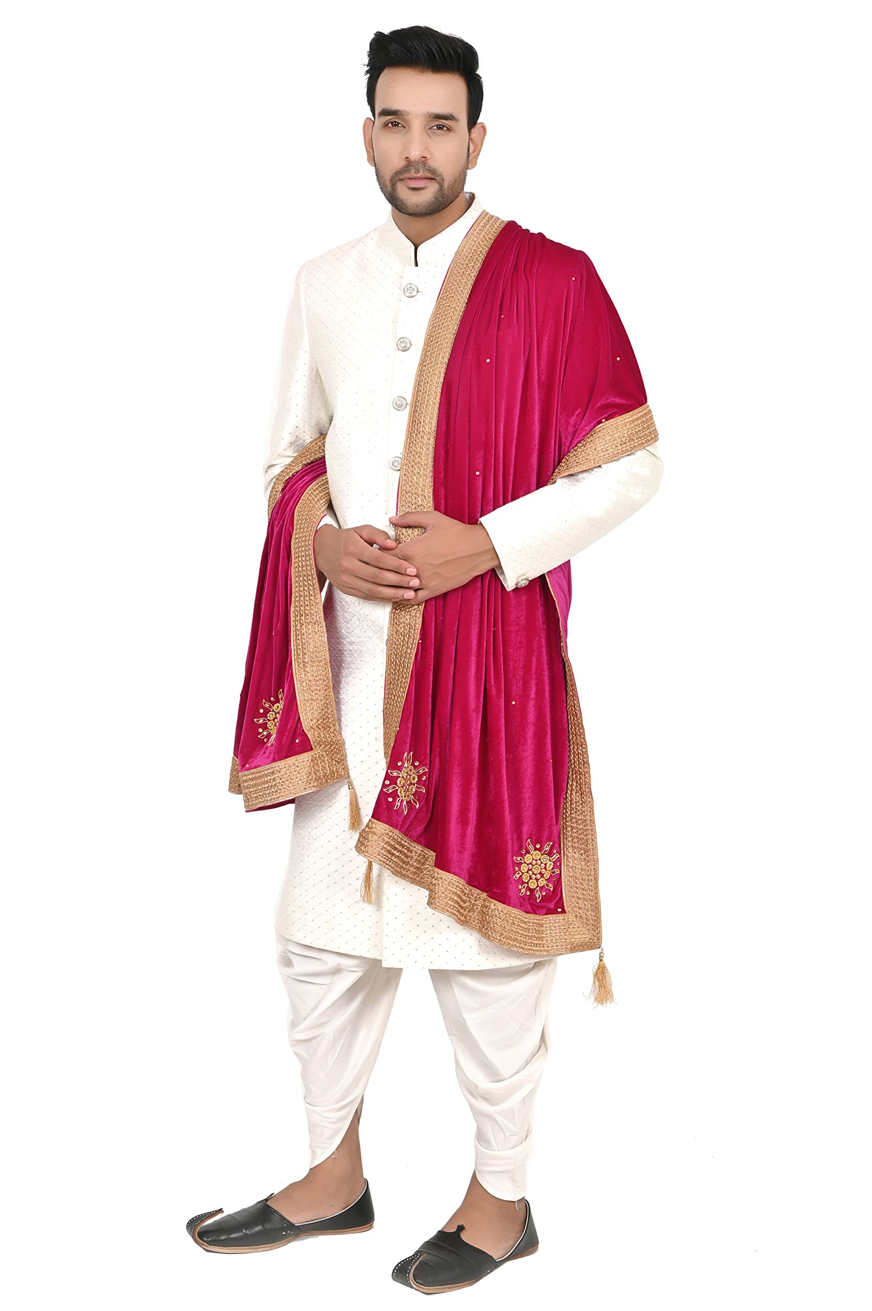 Men's Velvet Heavy Stone Work Stole with Tassels (Pink,Free Size)-image-3