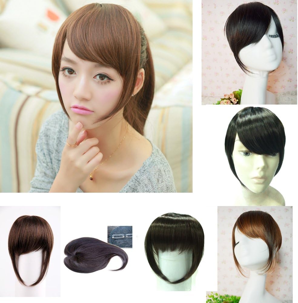 Maysu New Clip in Bangs Side Swept Hair Extensions Chip on Hairpieces Skin Top Design-chestnut brown