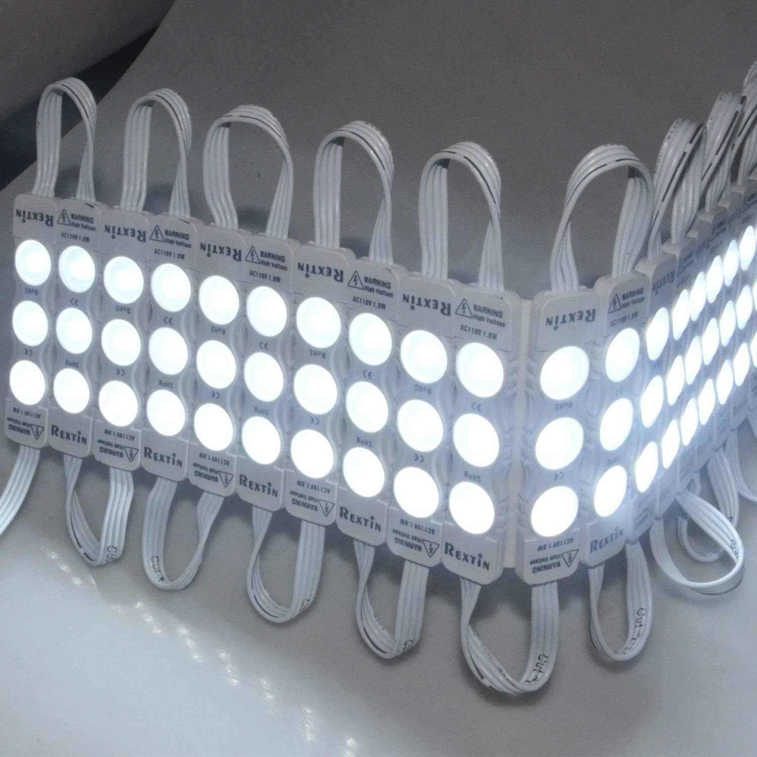 Rextin Super Bright 110V 100pcs New Model 2835 3 LED Module White120-150LM Per Module Waterproof Decorative Light for Letter Sign Advertising Signs with Tape Adhesive Backside (White)