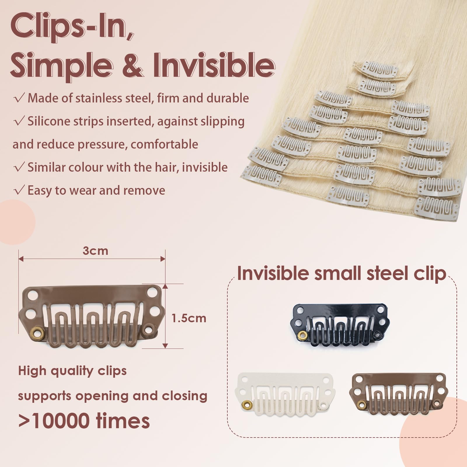 Benehair Human Hair Clip in Extensions #60 Platinum Blonde Real Remy Hair Extensions Clip in Long Double Weft Straight Hairpieces for Full Head Seamless 8 Pcs Set including 18 Clips 22 Inch (75 g) - Image 3