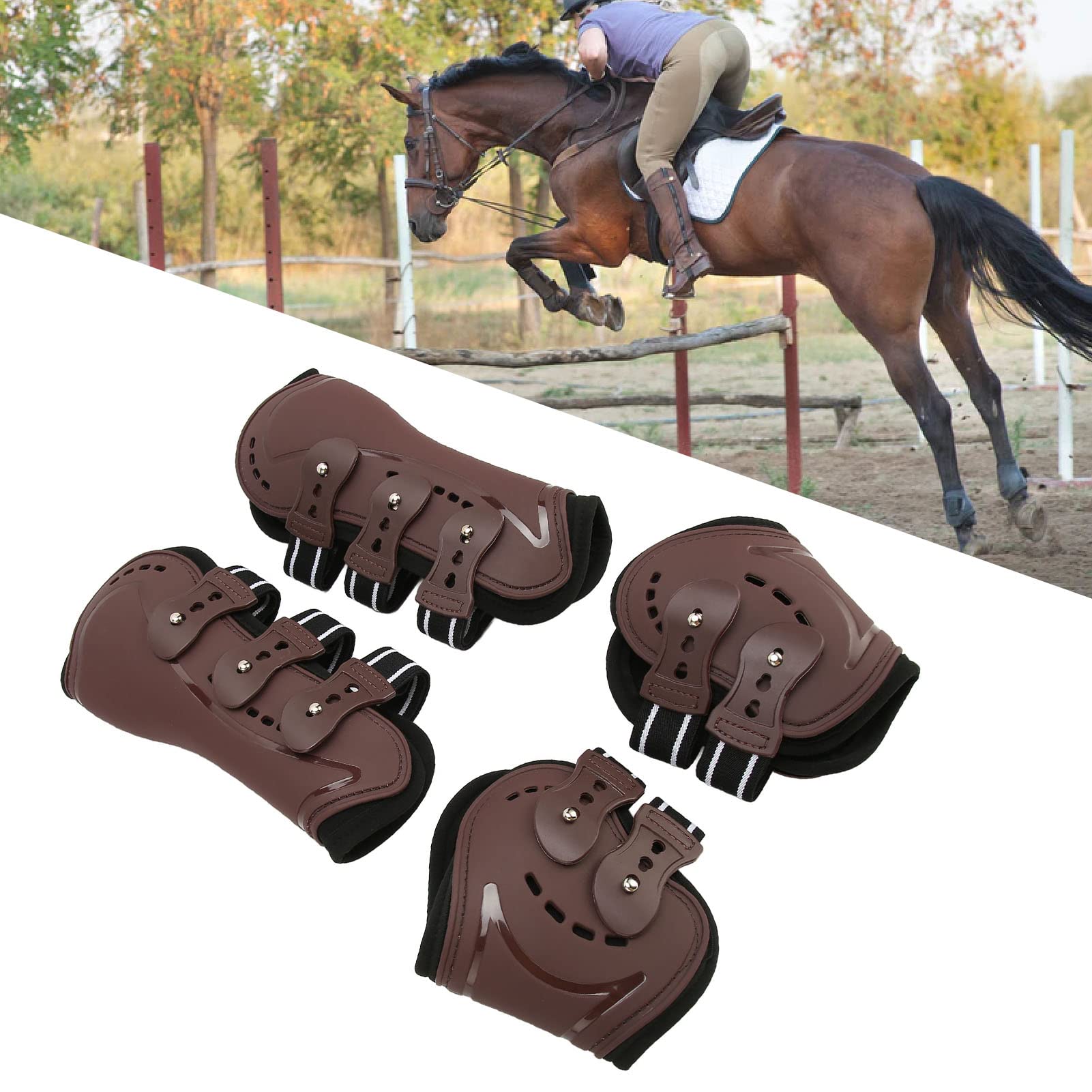 Shanrya Paragambe anteriori posteriori di cavallo, protezioni per gambe di cavallo marrone, guscio in poliuretano regolabile ad assorbimento degli urti anteriore aperto per equitazione (M 0.7in)