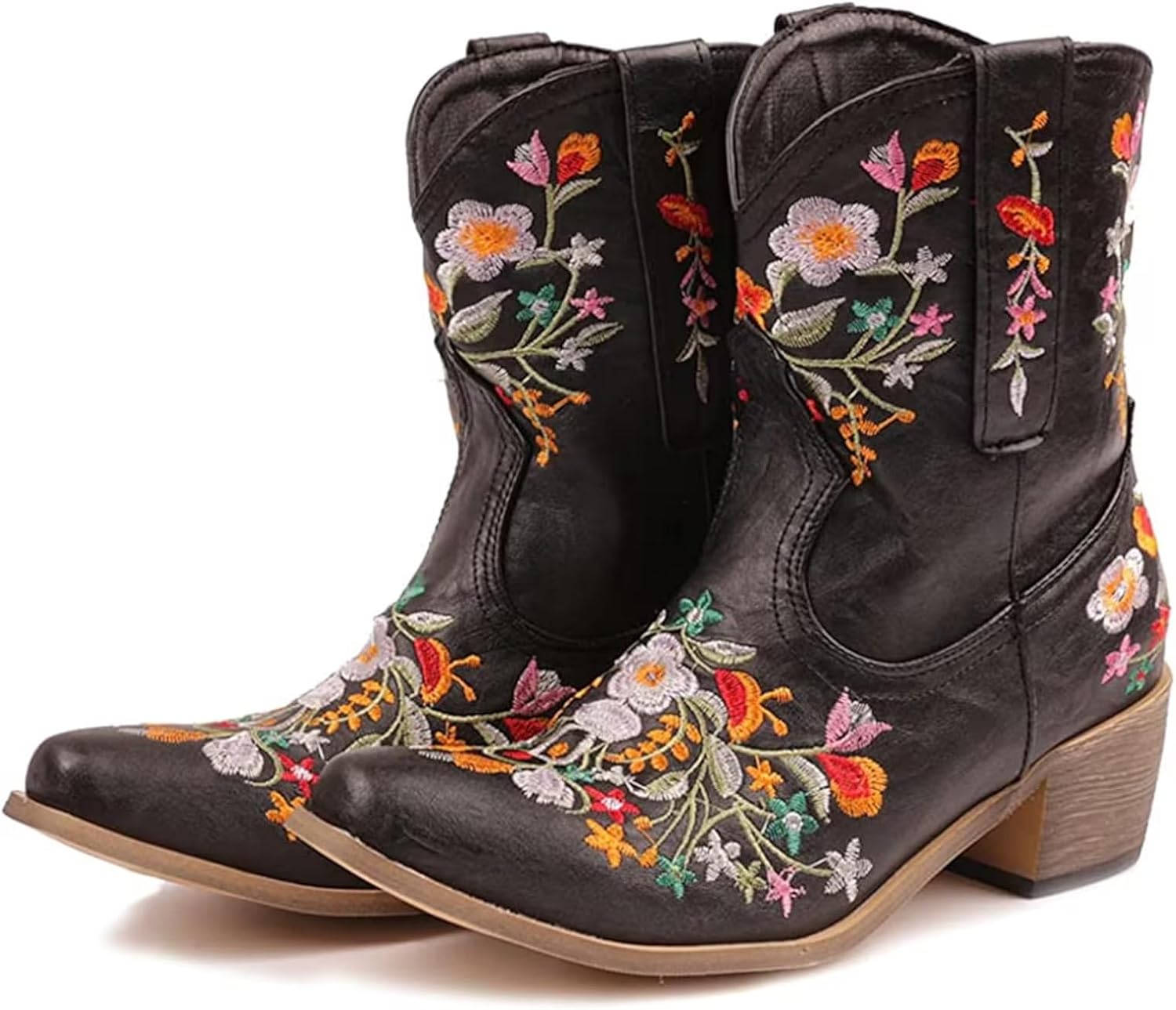 Handmade Flower Embroidered Cowgirl Ankle Boots, Faux Leather, Rubber Sole, Wide Calf, Pointed Toe