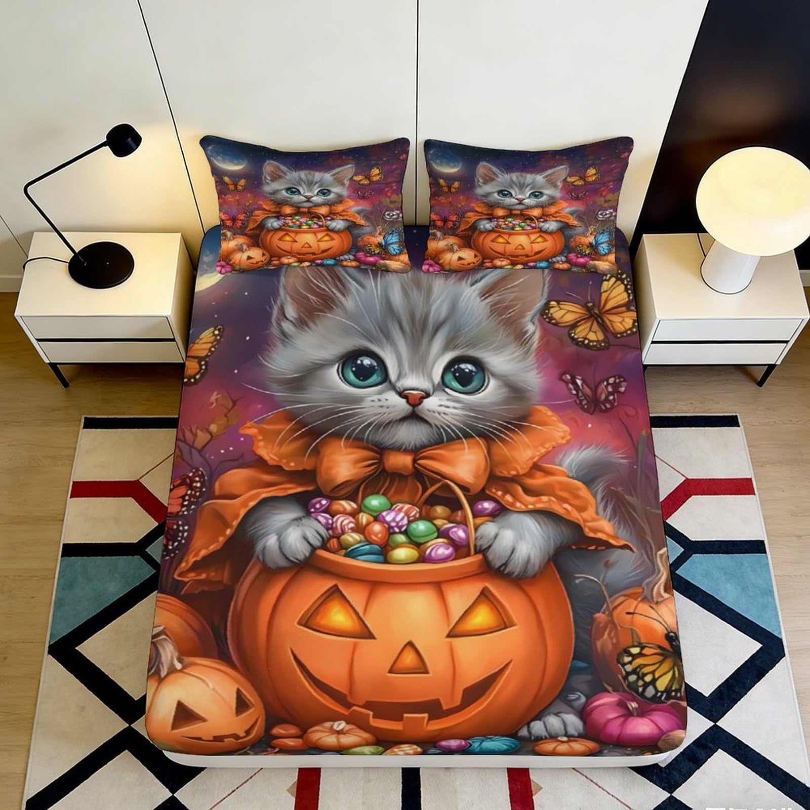 Jqzkxnhpbr Style-6 3D Printed Halloween Cat Fitted Sheet Microfiber Soft Pumpkin Bed Cover For Bedroom Guest Room Mattress Decoration 90X200x25cm