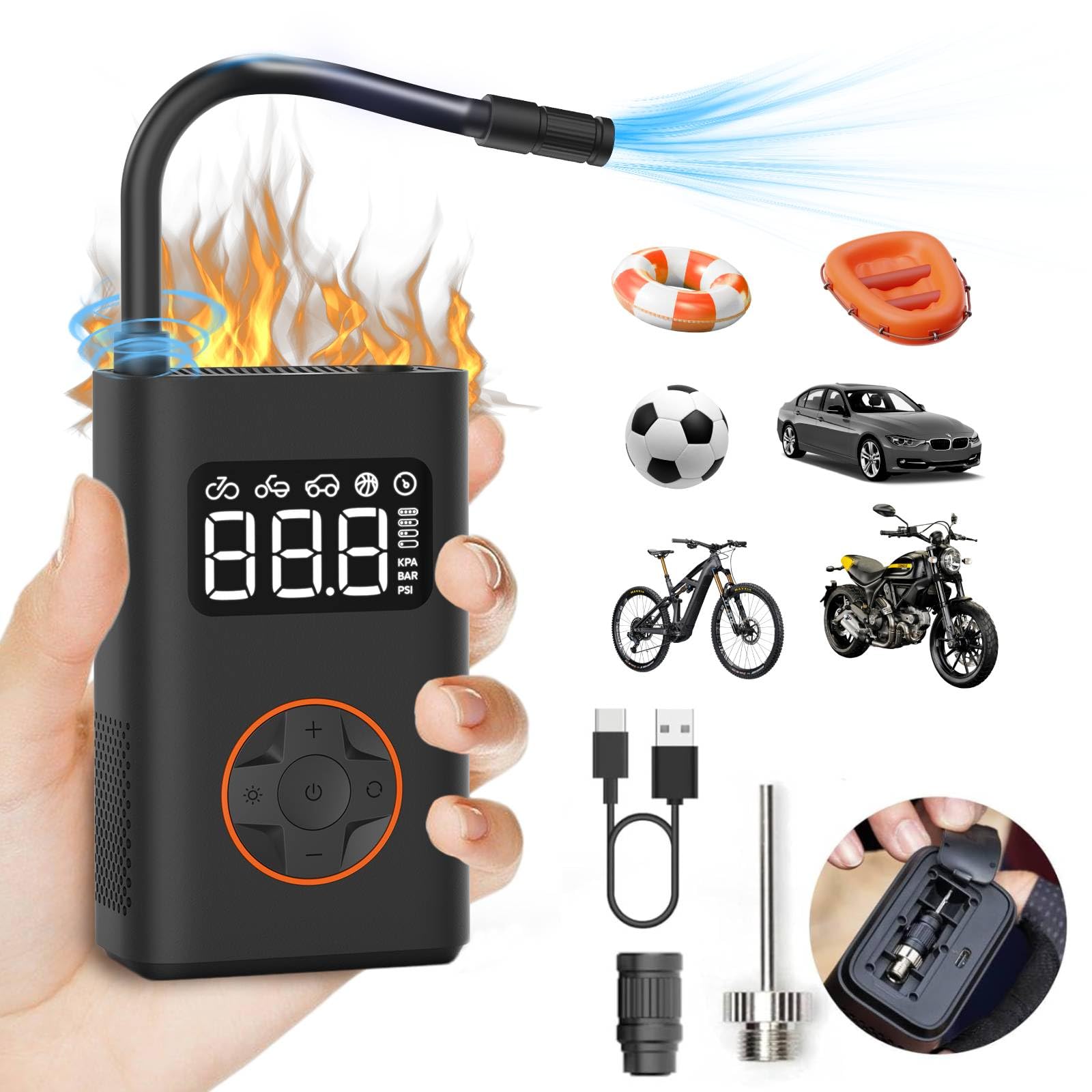 QiCYCLE Pompe a Velo Electrique 150PSI, 10,3Bar Gonfleur Pneus Voiture sans Fil pour Balle Voiture Moto Vélo (Autostop,Fonction Mémoire,Lumière LED&SOS Clignotant,18,5Wh)