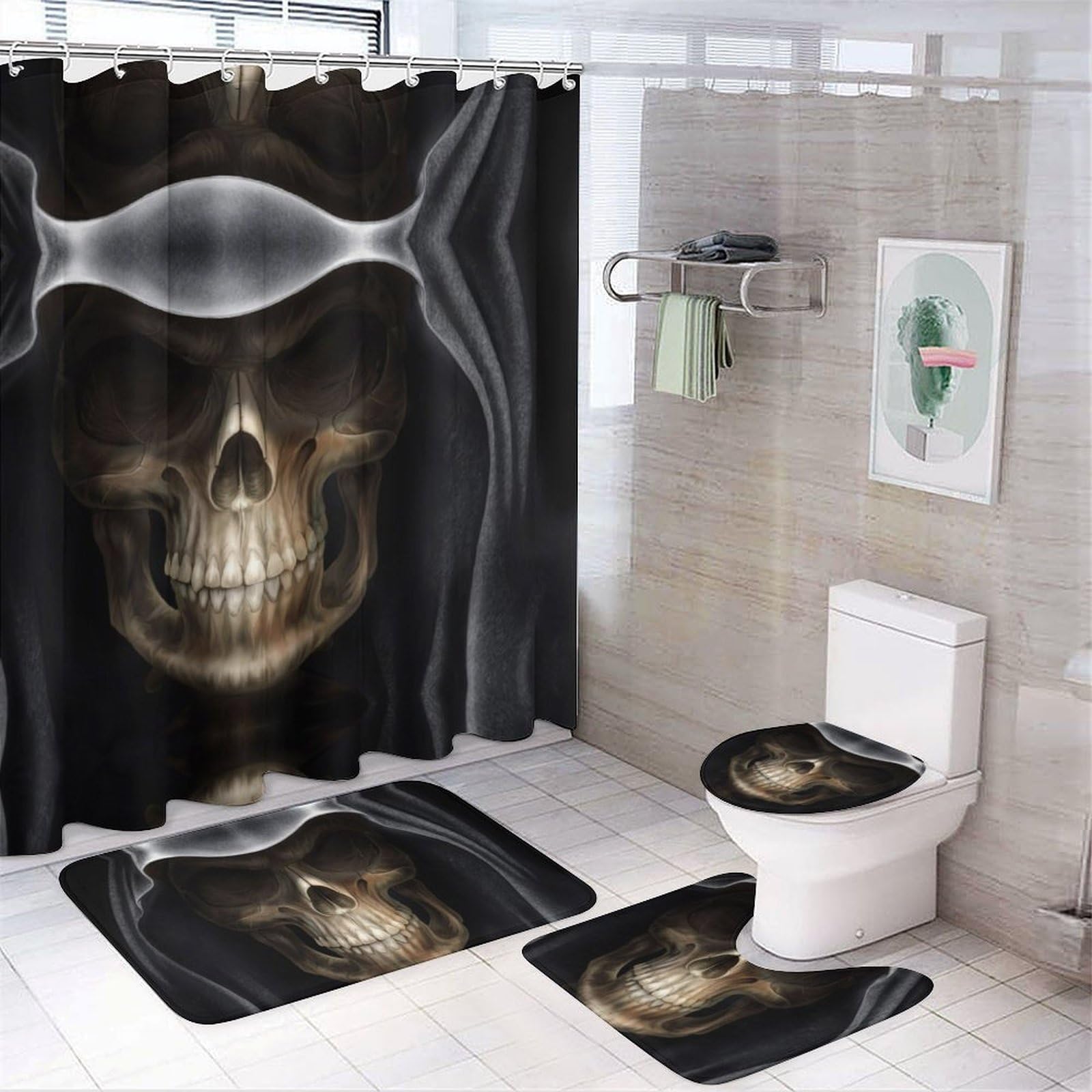 Wlntrophic Bathroom Mat Set 4 Piece, Scary Skull Wearing Black Hat Shower Curtain with Non-Slip Bath Mats for Bathroom
