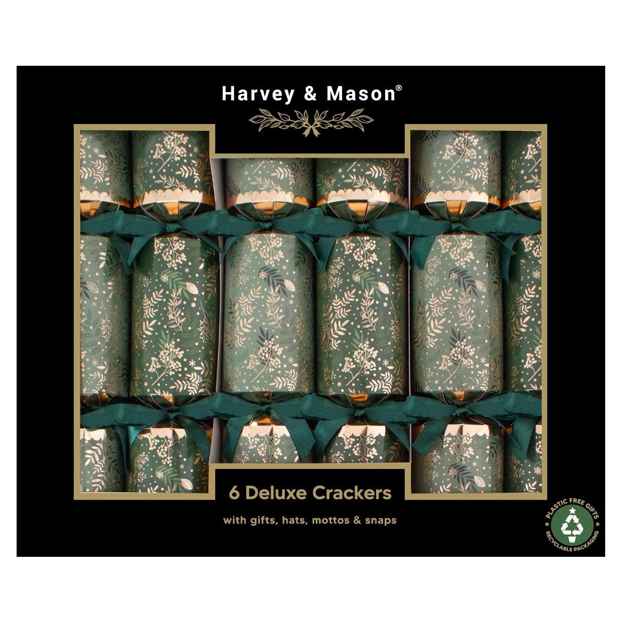 Harvey & Mason Green Pack Of 6 Deluxe Gold Foliage Christmas Crackers - 13.5" Metallic Festive Xmas Holiday Dinner Table Decorations - Novelty Fun Prizes Gifts Contains Hats Jokes